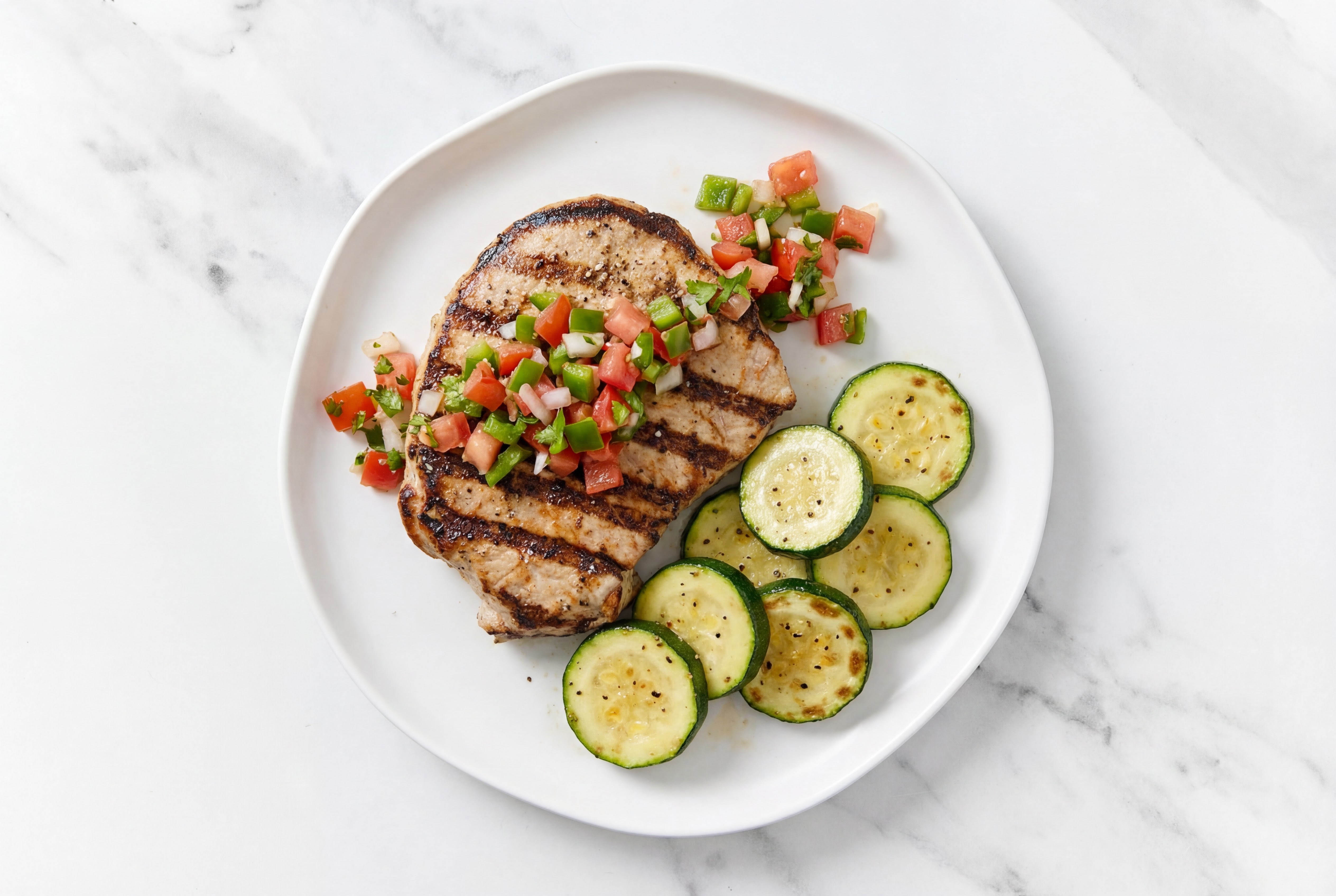 Grilled Pork Chops with Zucchini + Fresh Salsa