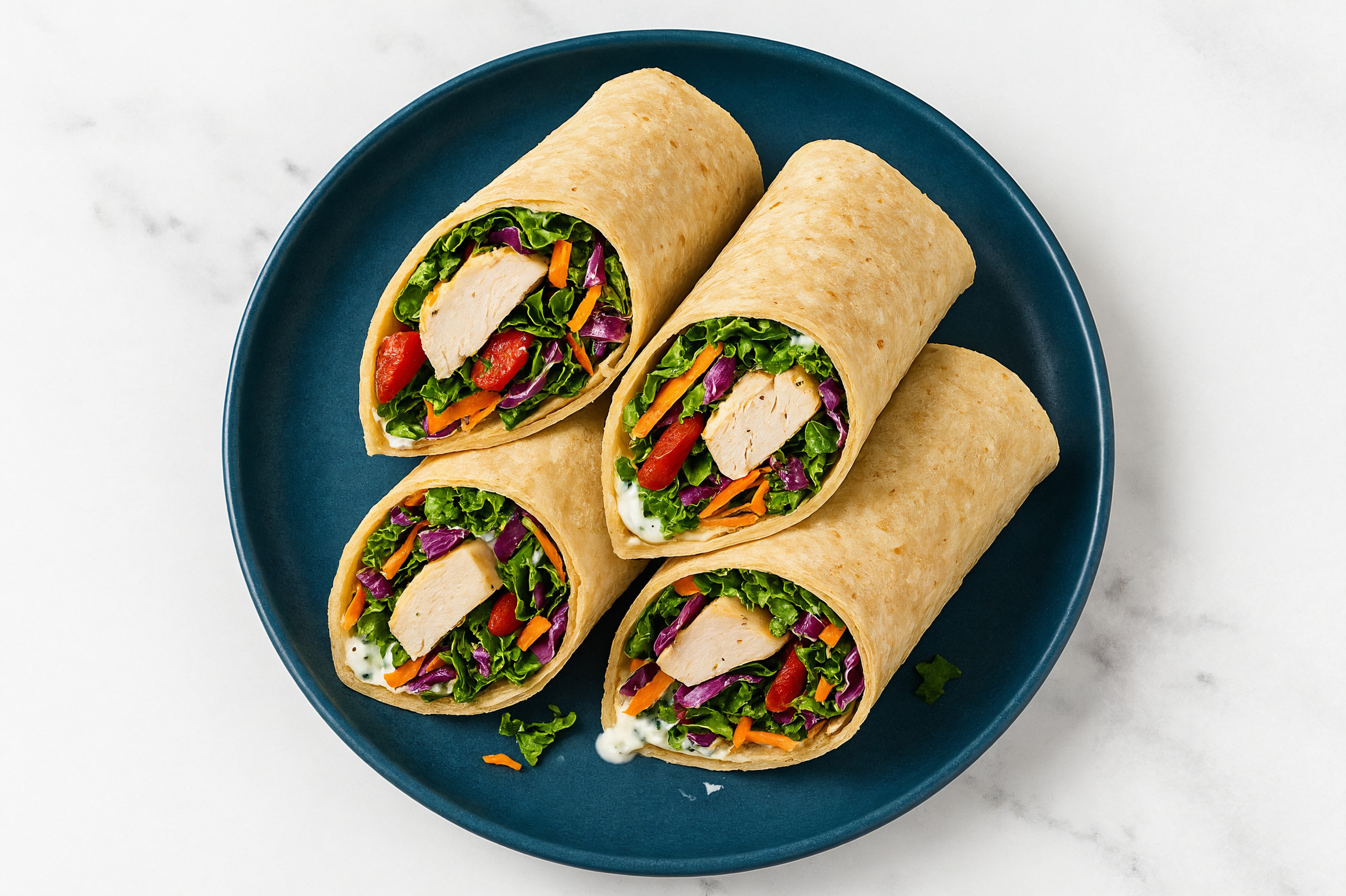 Tzatziki Roasted Chicken + Roasted Pepper Tortilla Wraps with Rainbow Veggies