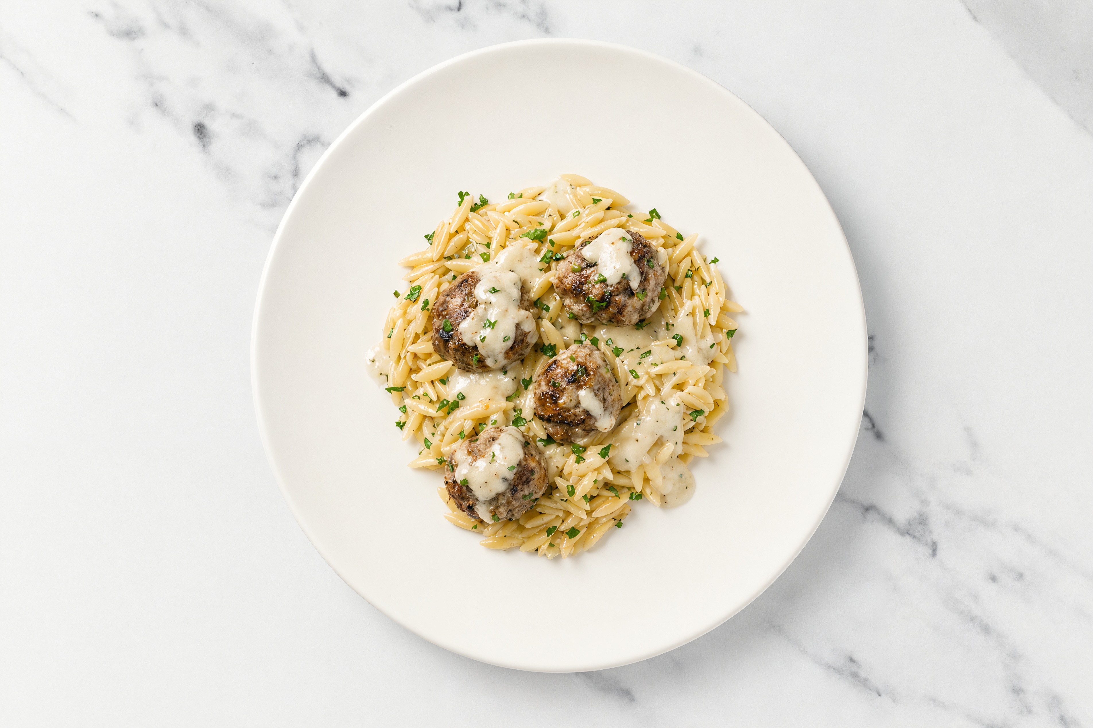 Lamb Kofta Meatballs + Garlic Orzo with Madras Curry Powder
