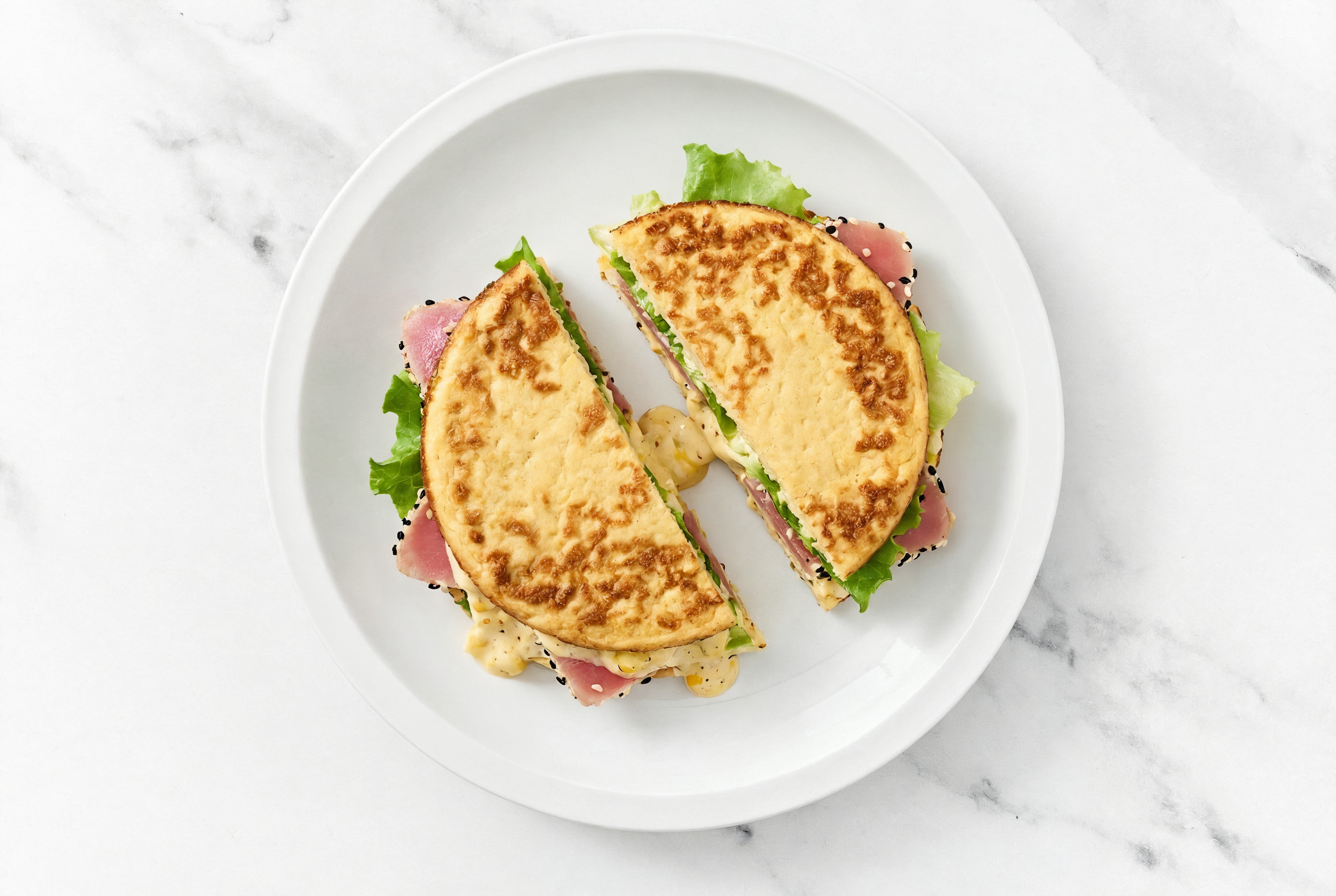 Street Corn Smoked Tuna Sandwich with Green Leaf Lettuce on Cauliflower Rounds