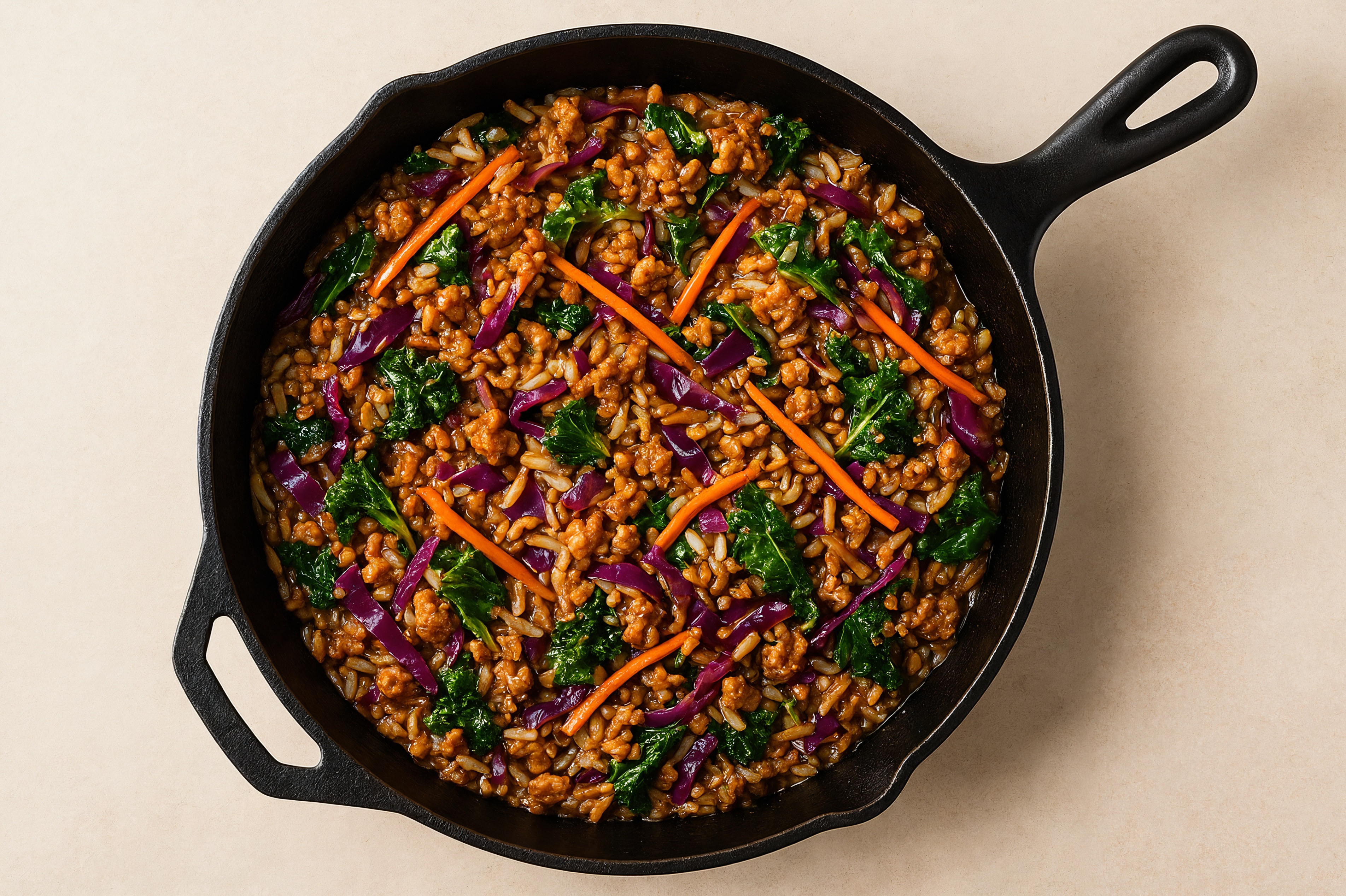 Sesame Ginger Rainbow Veggie + Ground Turkey Stir-Fry with Long Grain White Rice
