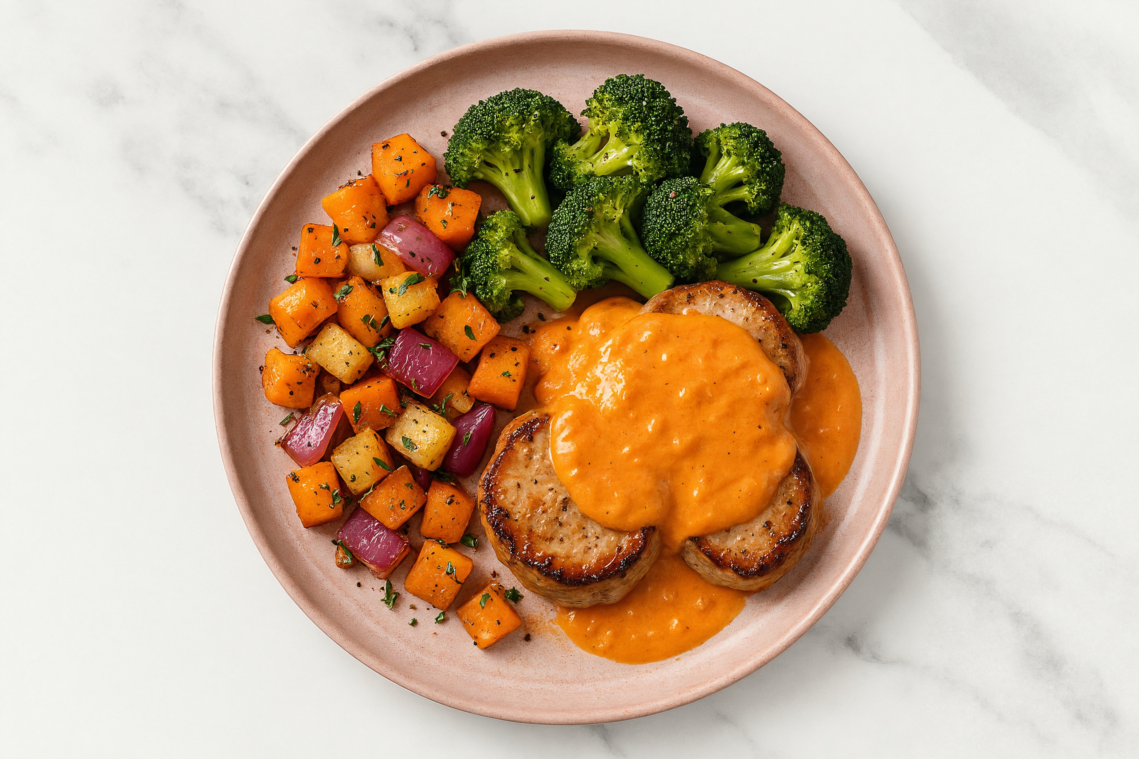 Creamy Vodka Smothered Pork Tenderloin with Broccoli & Roasted Vegetables