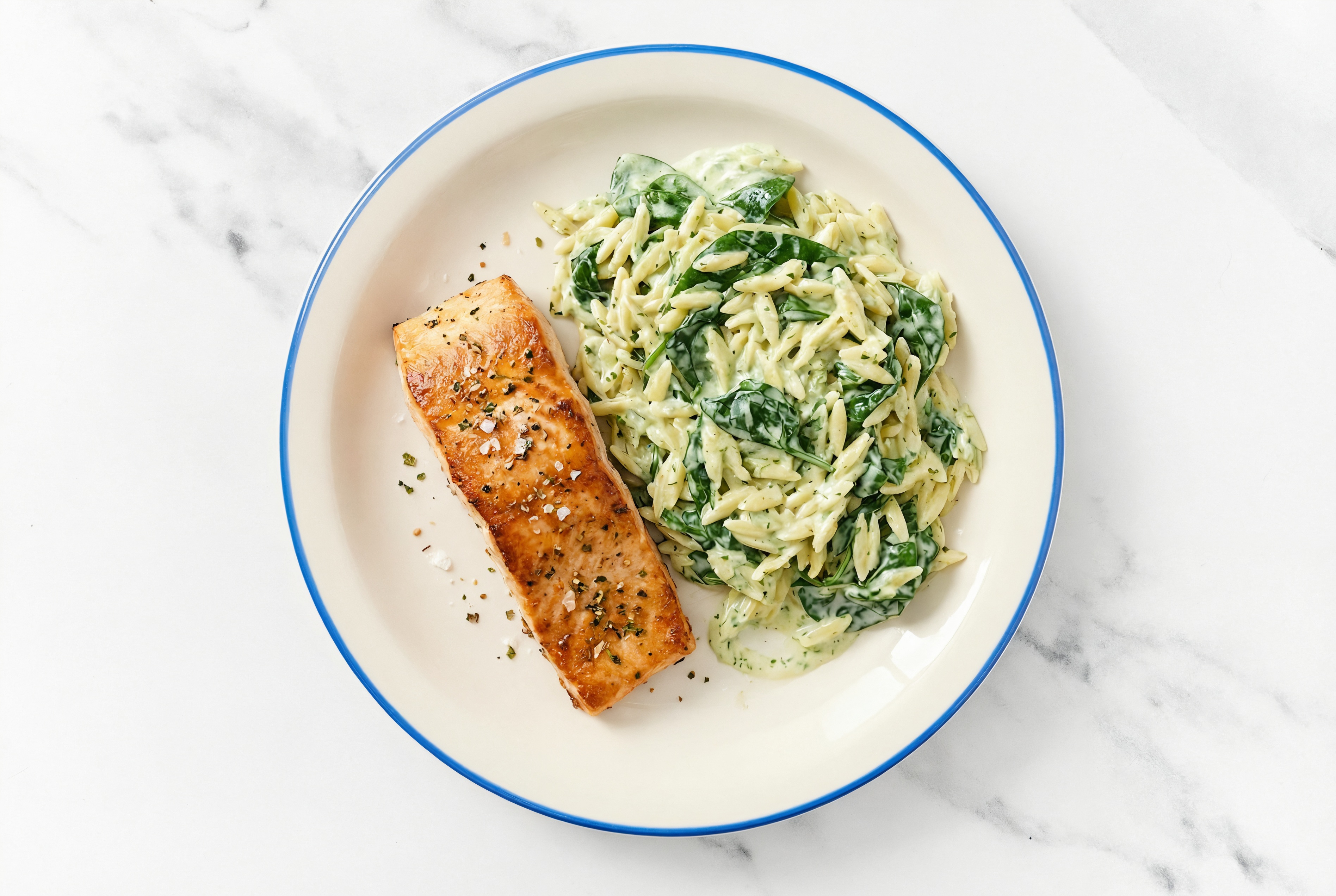 Seared Salmon + Herby Orzo with Baby Spinach