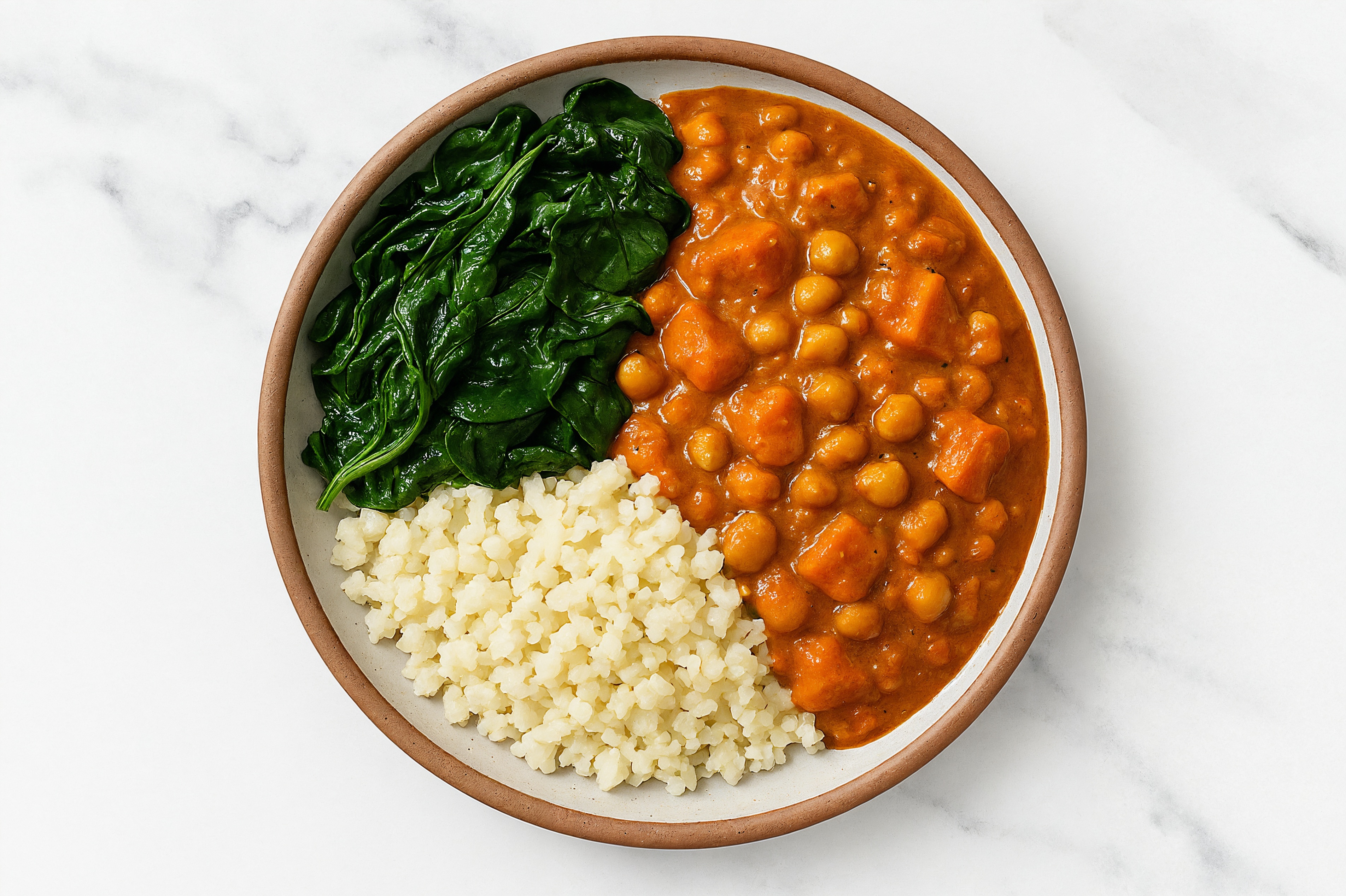 Sweet Potato Chickpea Tikka with Spinach + Cauliflower Rice
