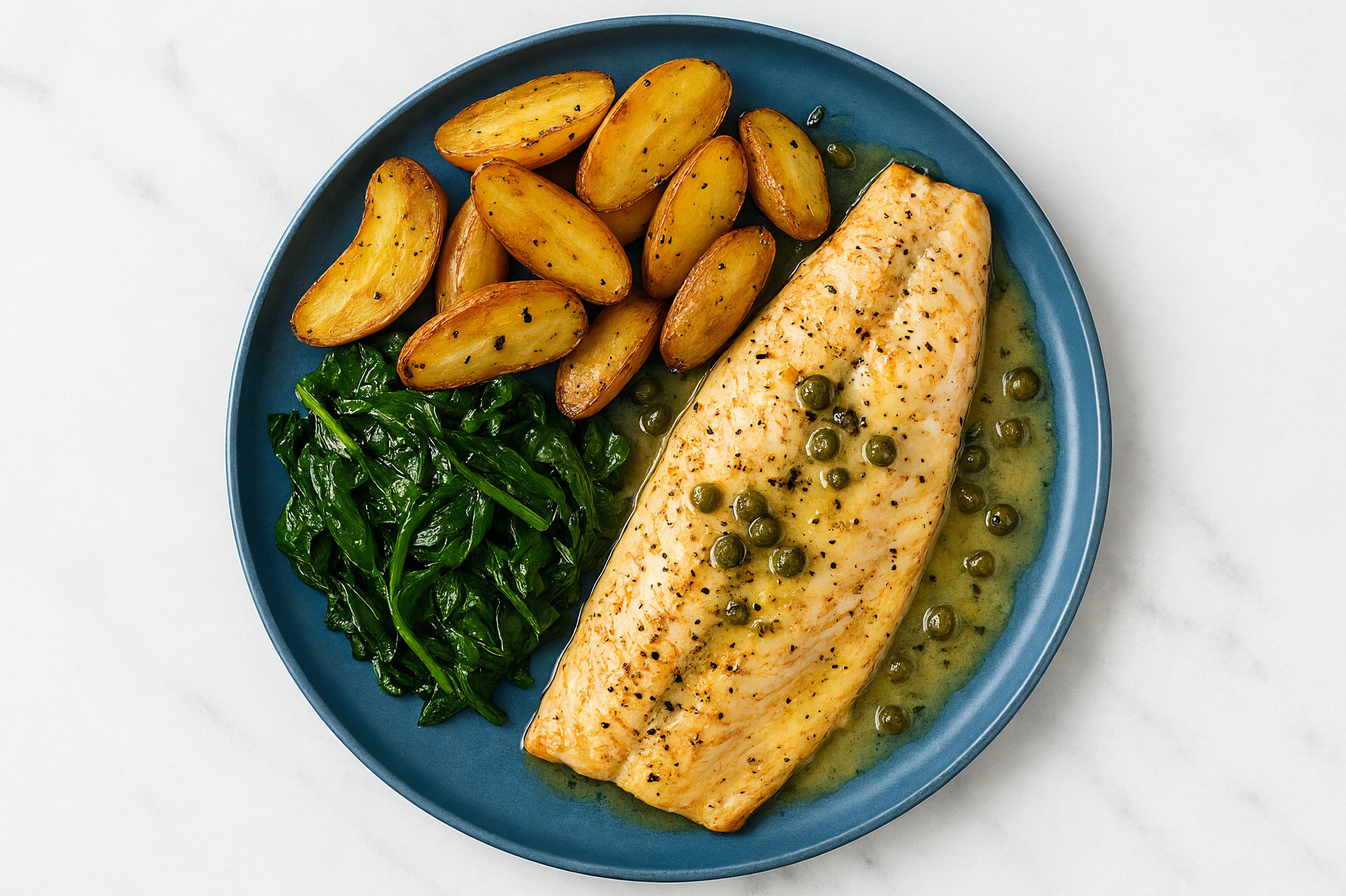 Caper-Butter Trout with Fingerling Potatoes & Spinach