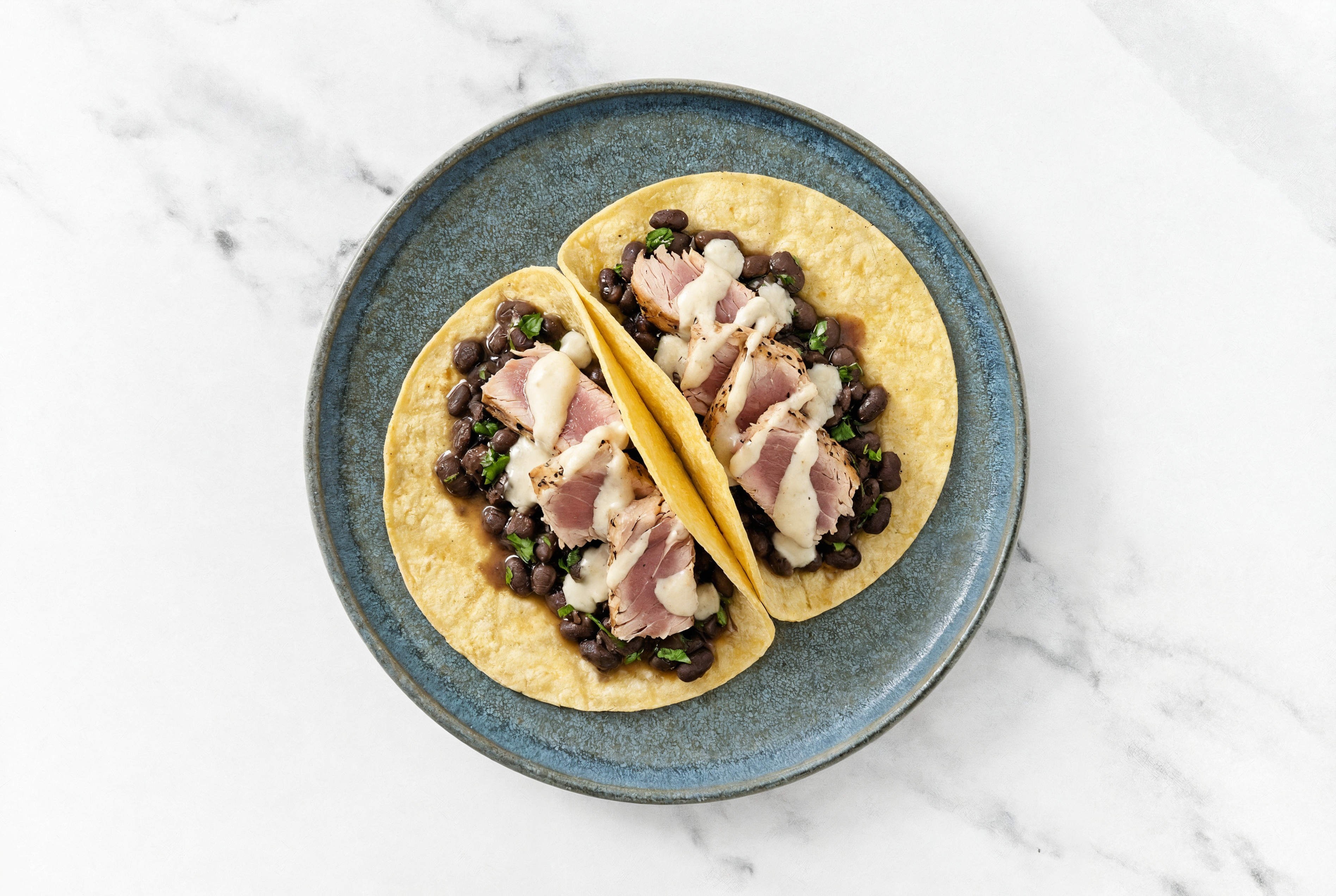 Herby Cuban Spiced Black Beans Bean Tacos with Seared Tuna & Garlic Sauce