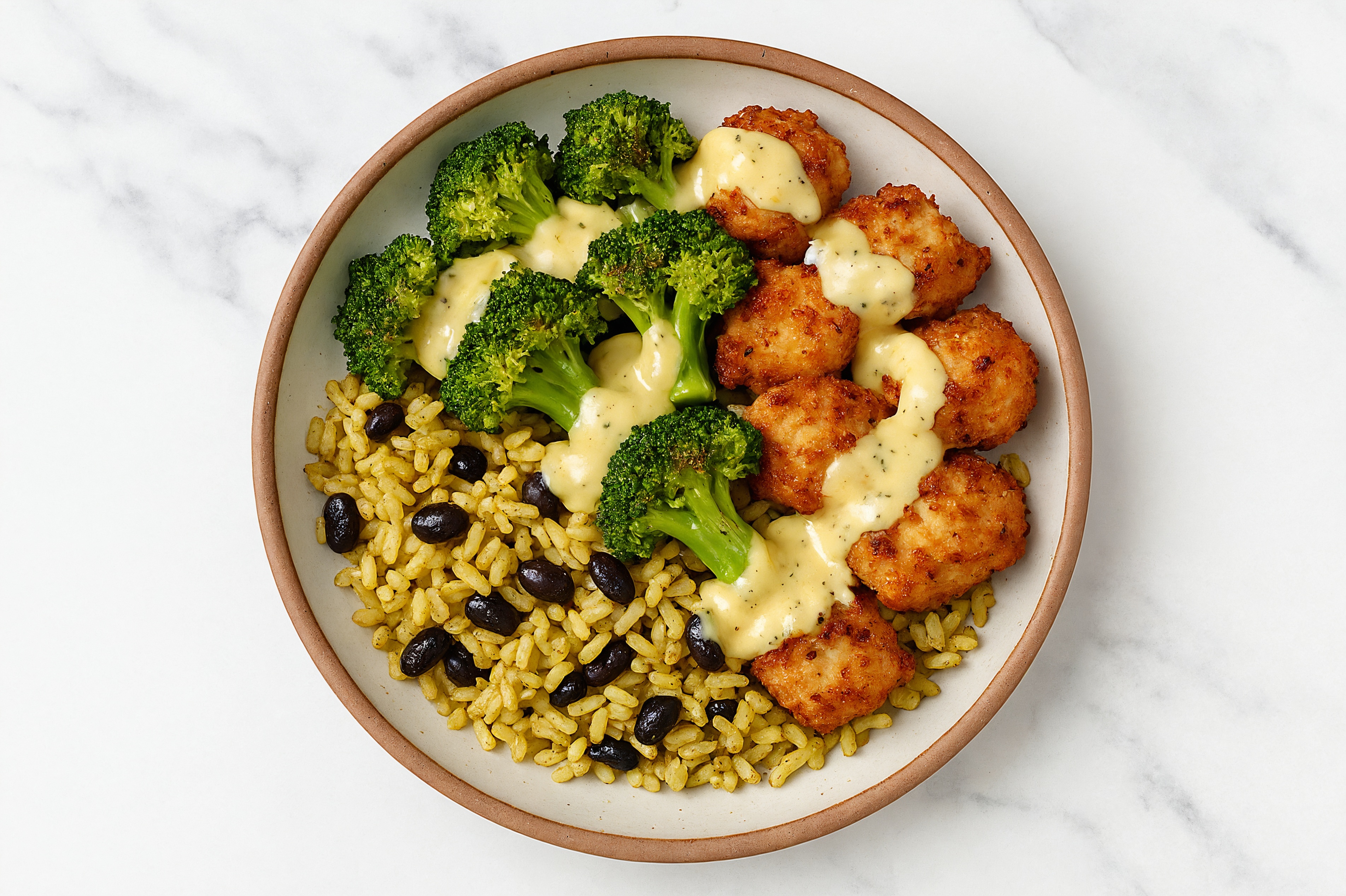 Crispy Chicken Caesar Rice with Beans Bowl with Broccoli Florets