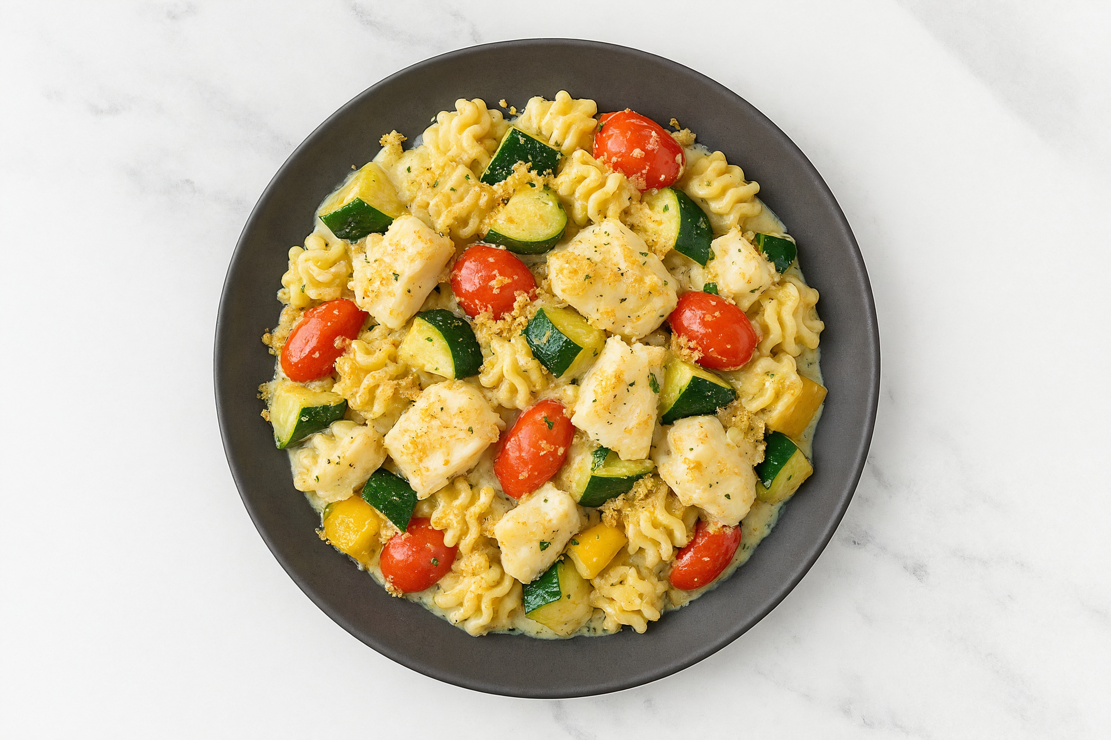Herby Cod Radiatori Pasta with Mixed Veggies + Toasted Panko