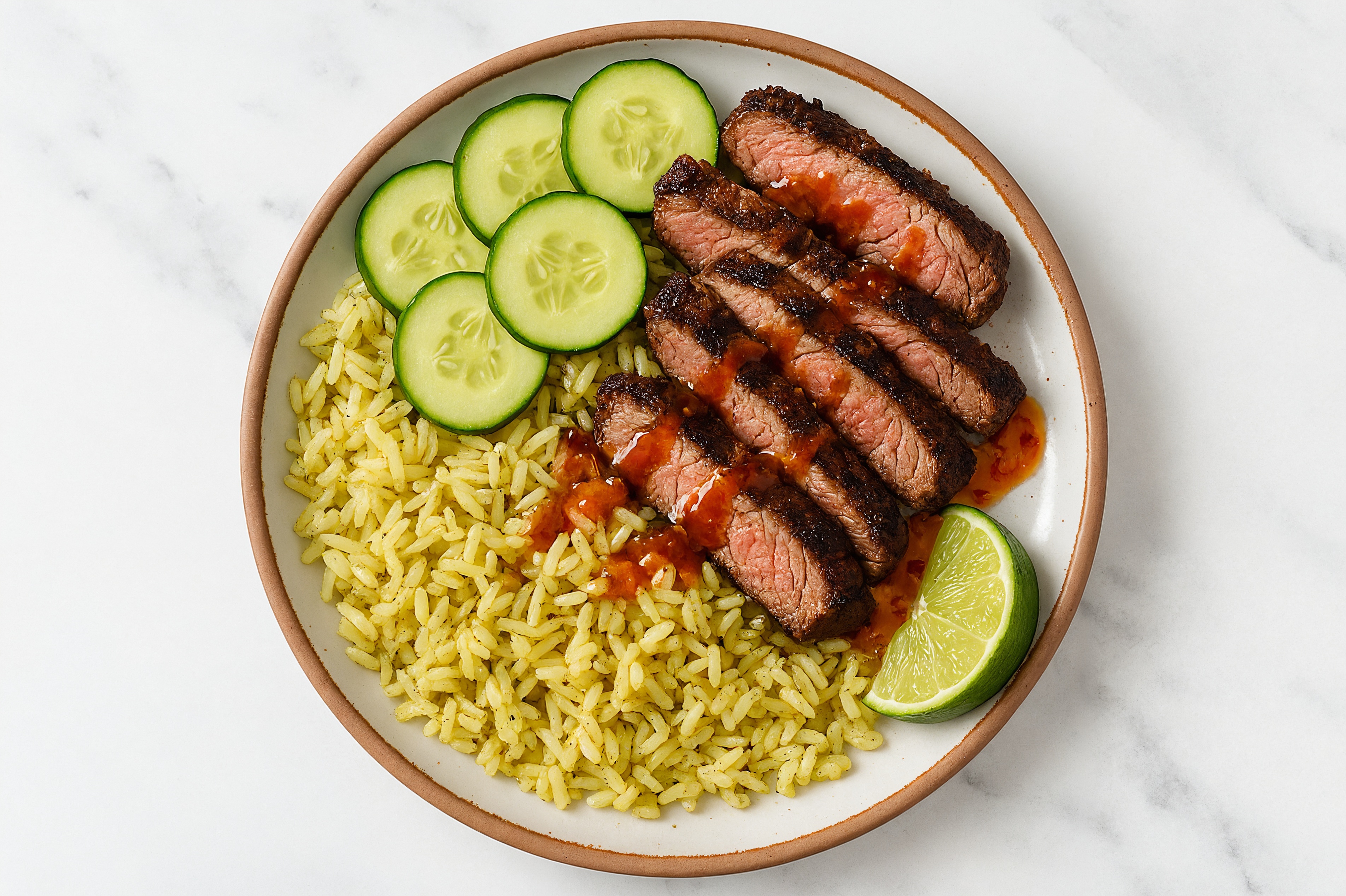 Sweet Chili LIme Beef Sirloin Steak Rice Bowl with Cucumber + Lime