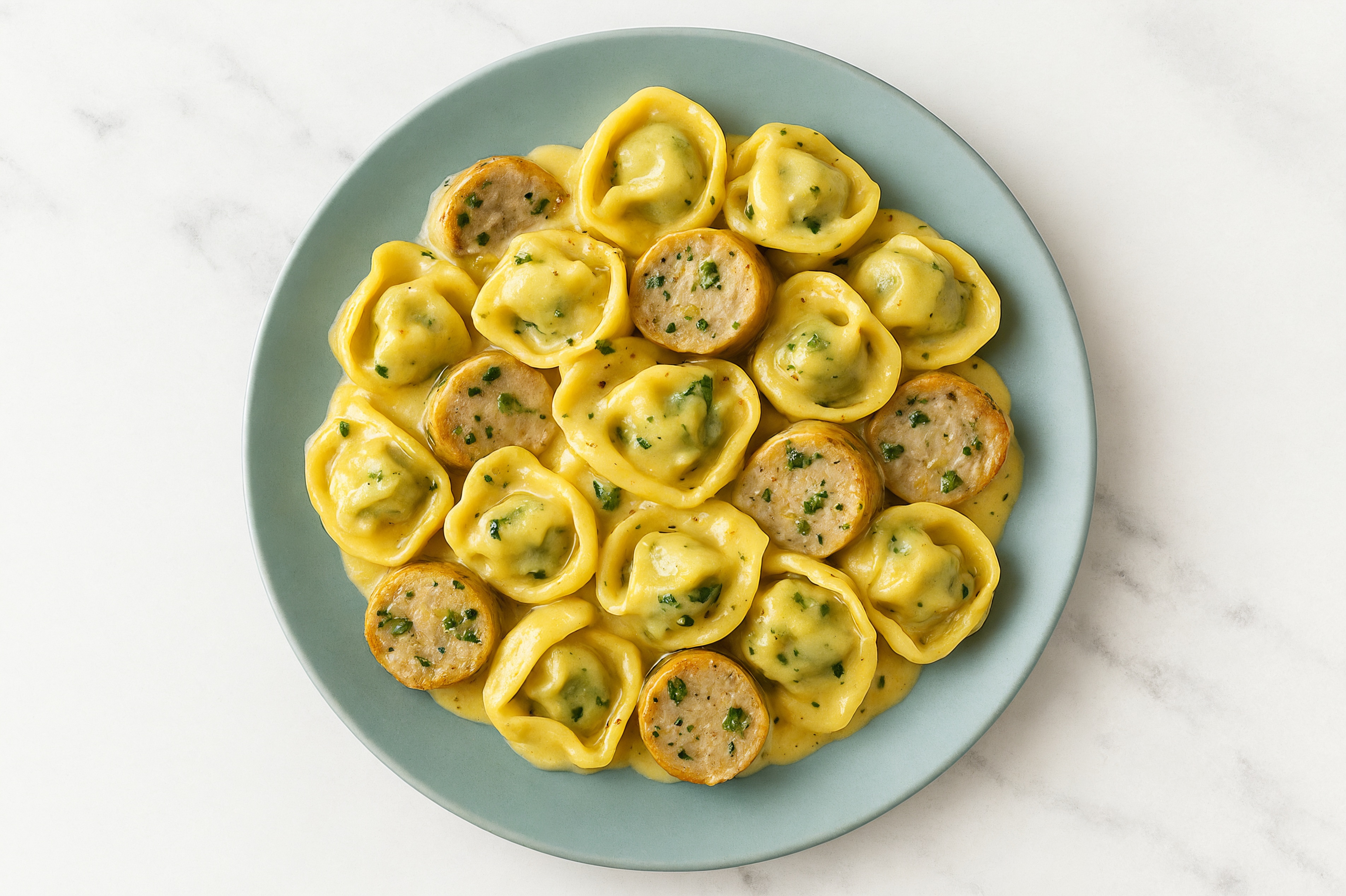 Creamy Cheddar Tortellini with Garlicky Chicken Sausage