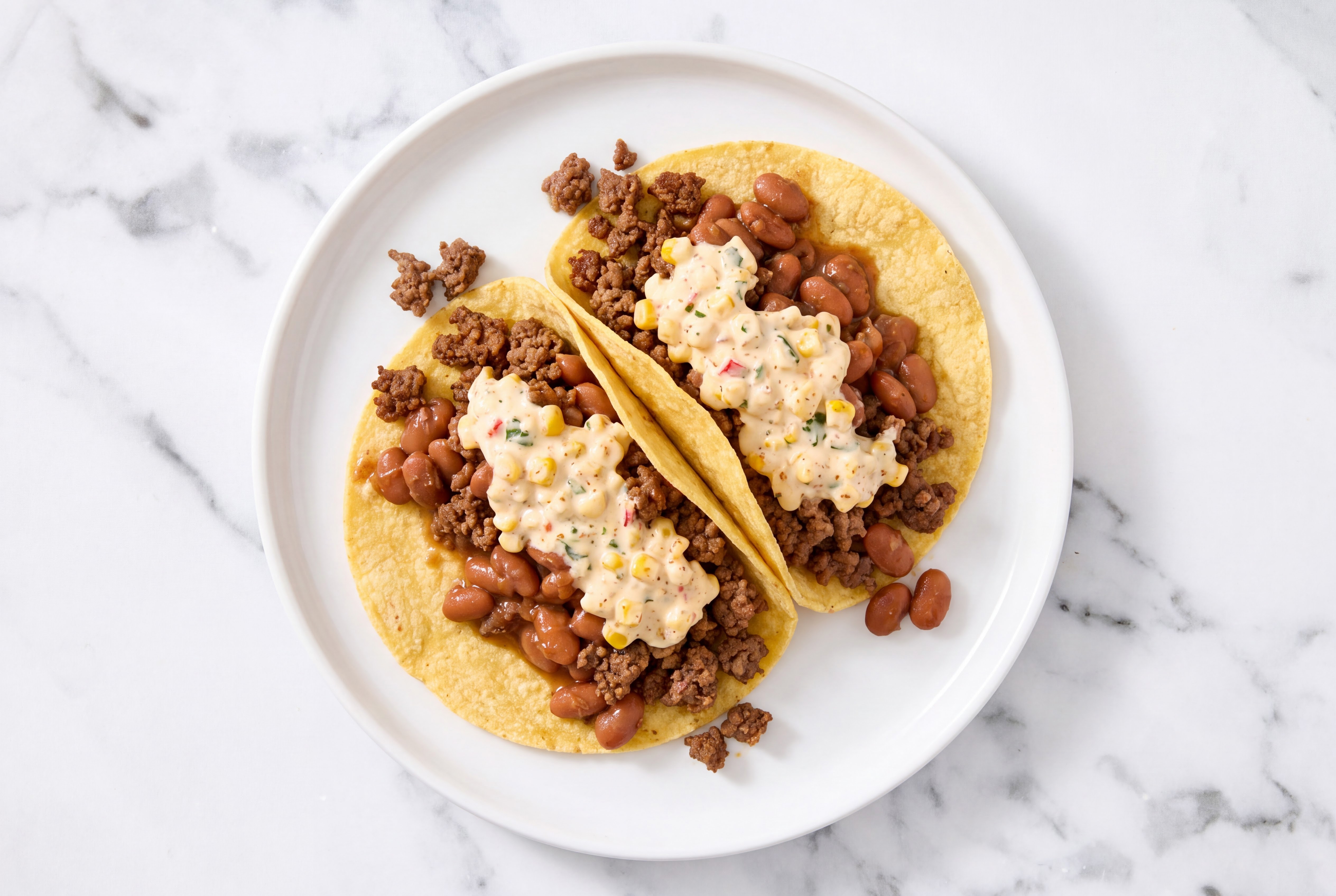 Ground Beef Tacos with Street Corn + Wheat Tortillas Sauce & Pinto Beans