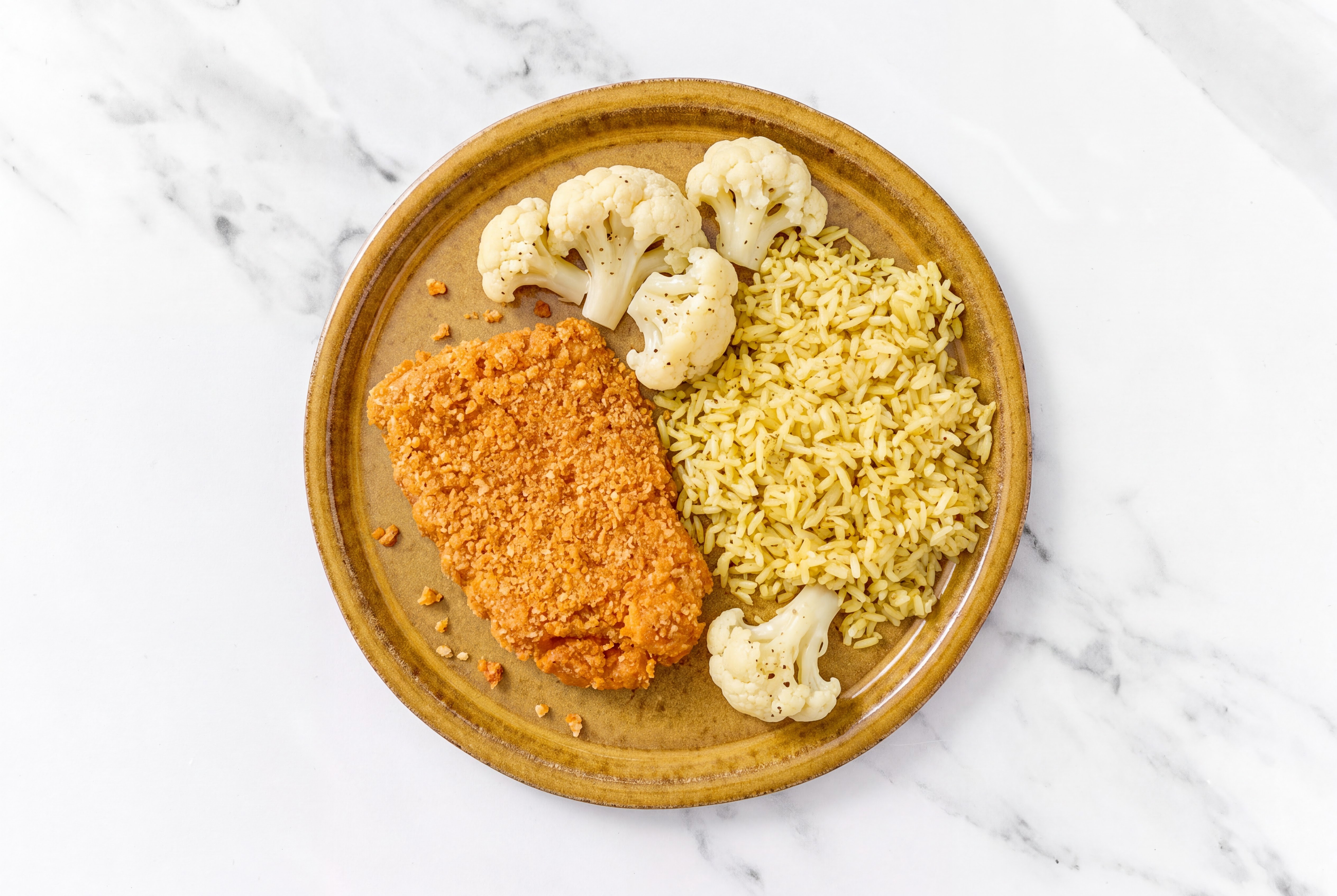 Hot Honey Breaded Chicken Cutlet with Cauliflower Florets & Jasmine Rice