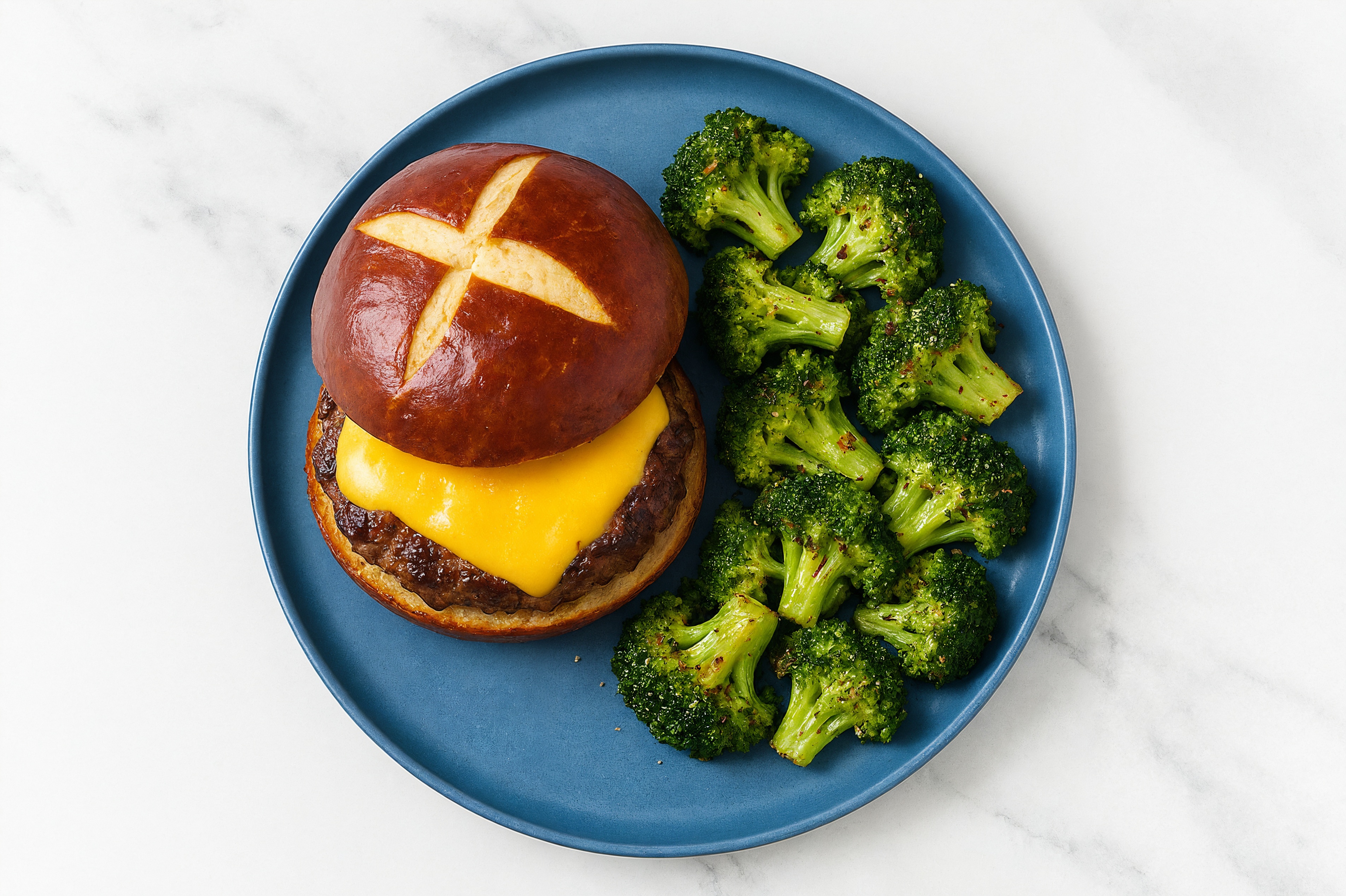 Classic Cheese Burger on Pretzel Bun with Ground Beef Patties
