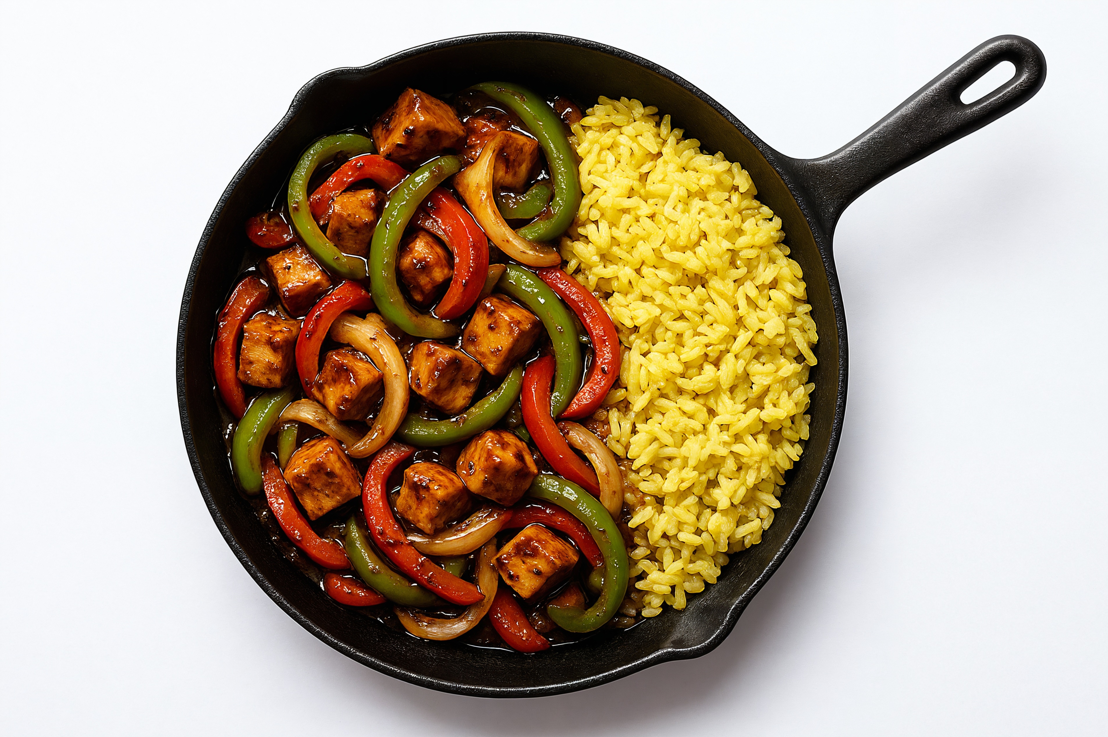 Tangy Pepper Tofu Stir Fry with Chicken & Herb Rice
