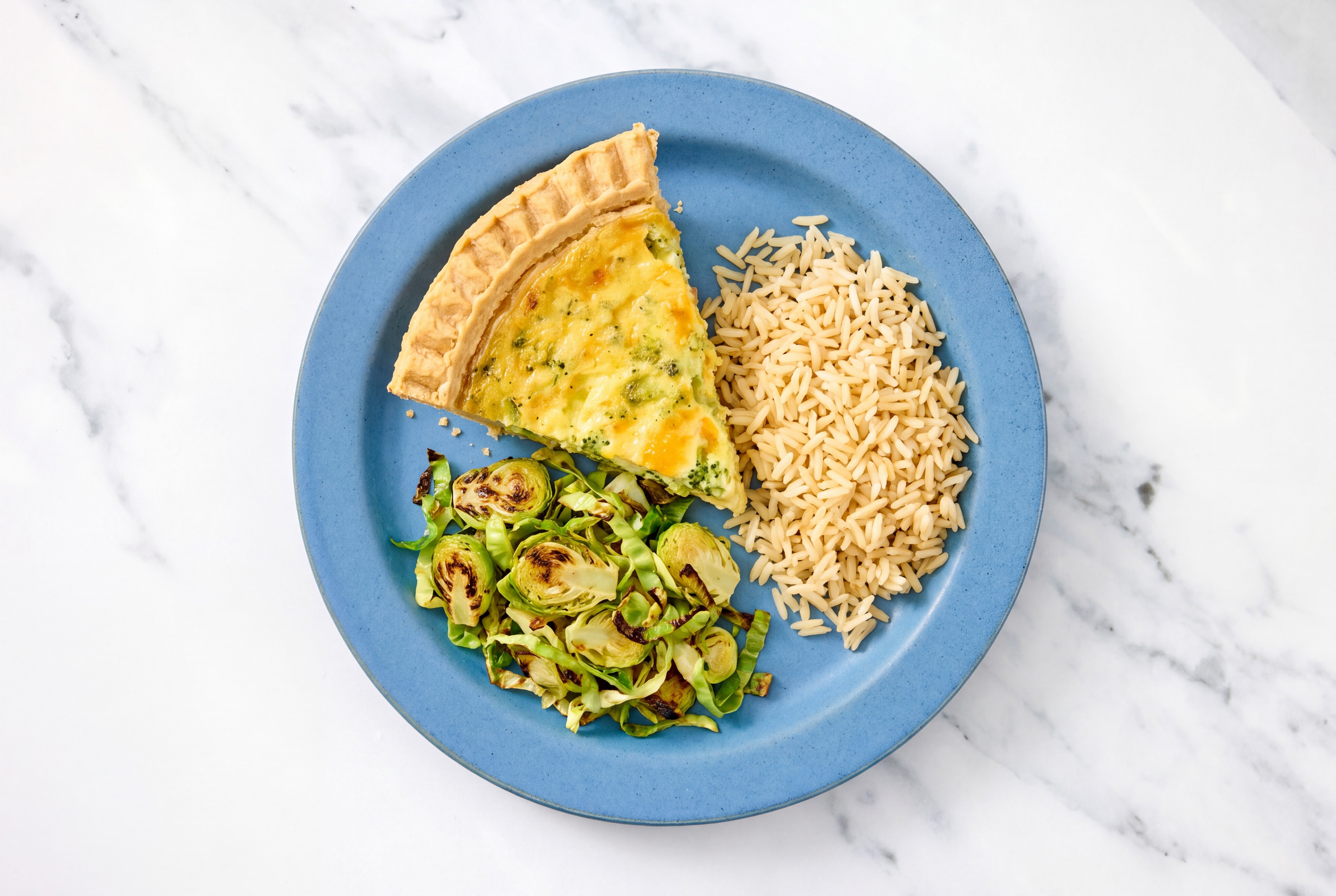 Broccoli & Cheddar Quiche with Brussels & Bone Broth Rice