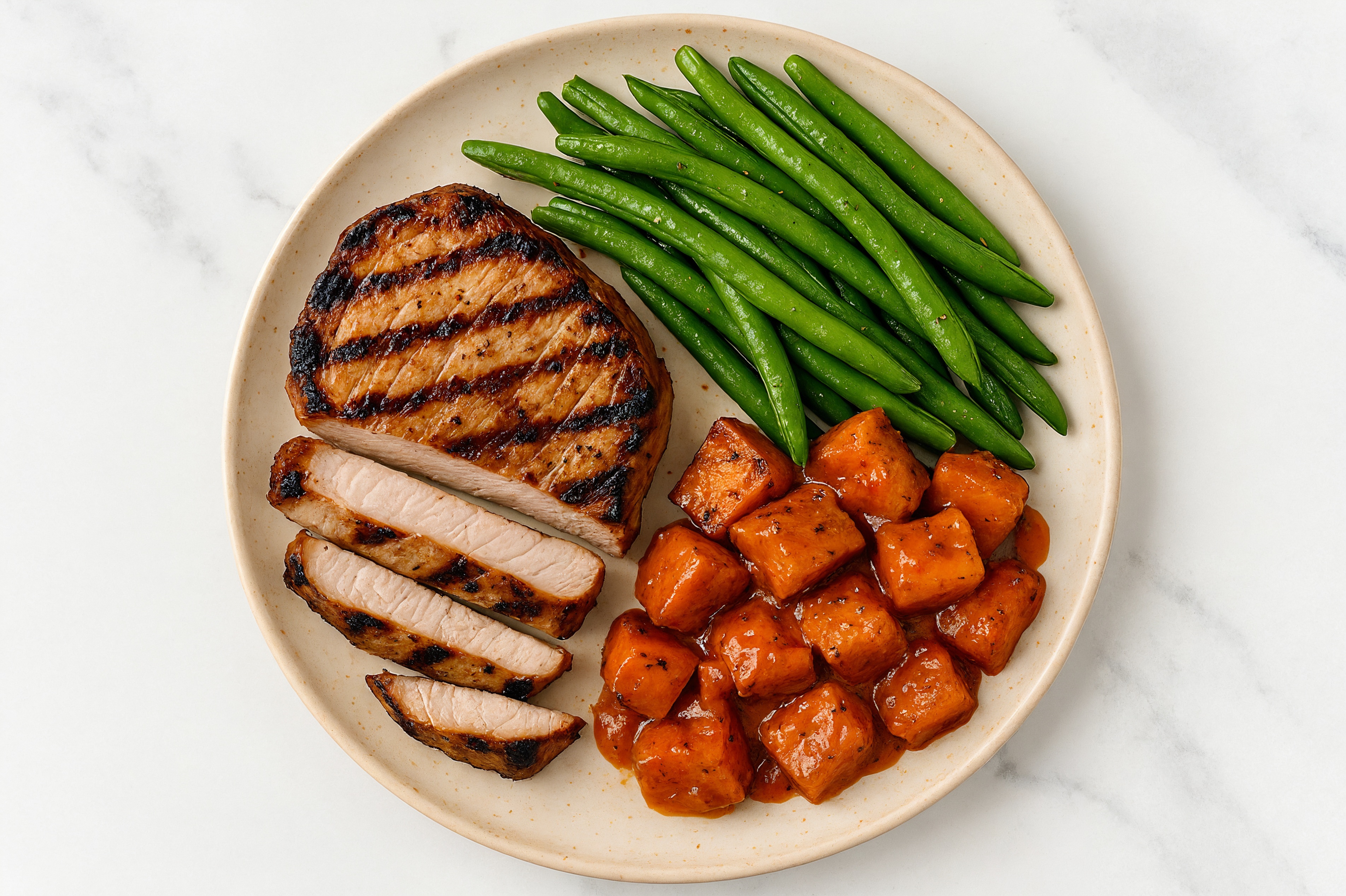 Pork Chops with Hickory Sweet Potatoes + Organic Green Beans