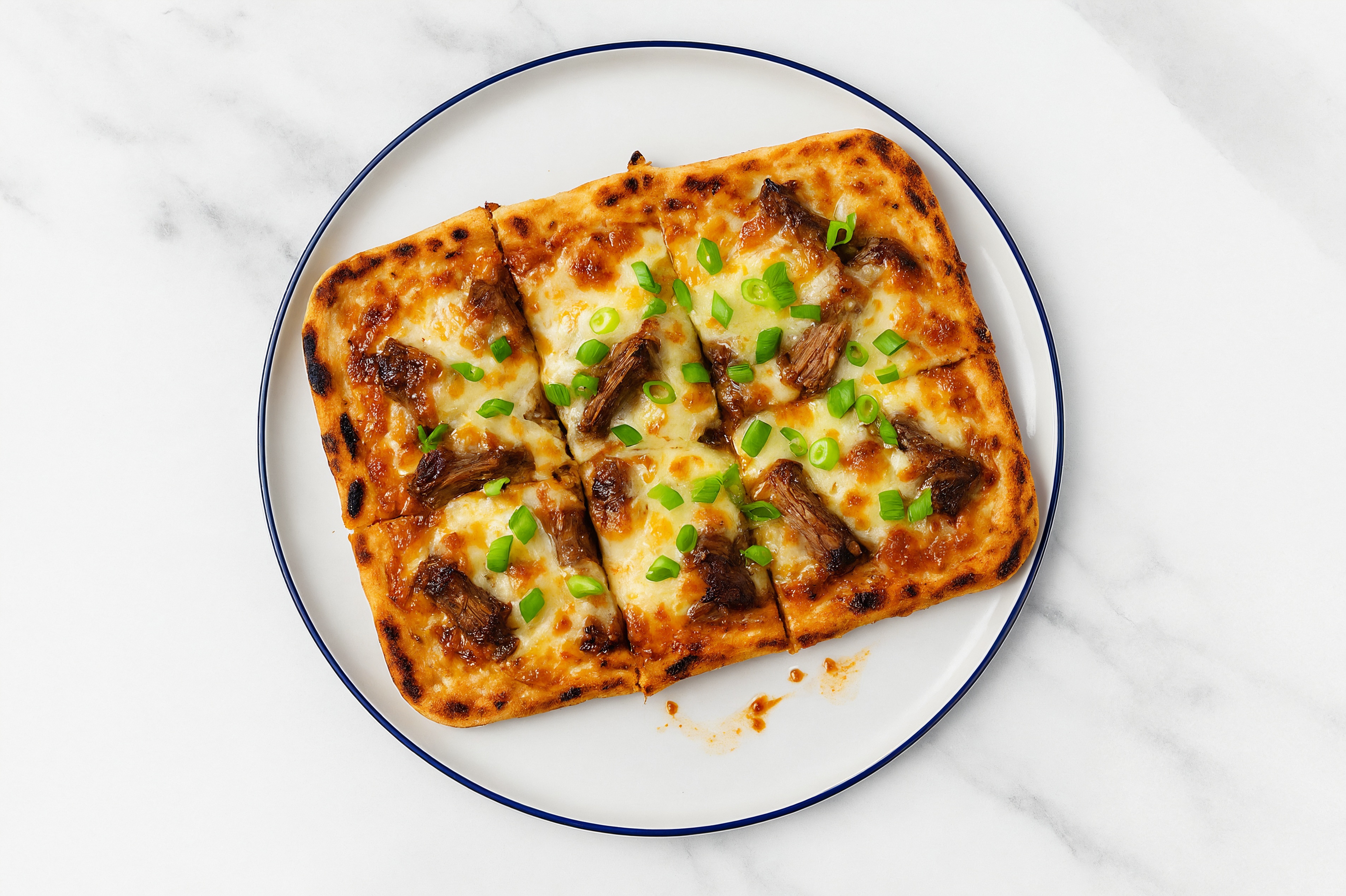 Creamy Feta Short Rib Grilled Pizza with Mozzarella + Fresh Scallions