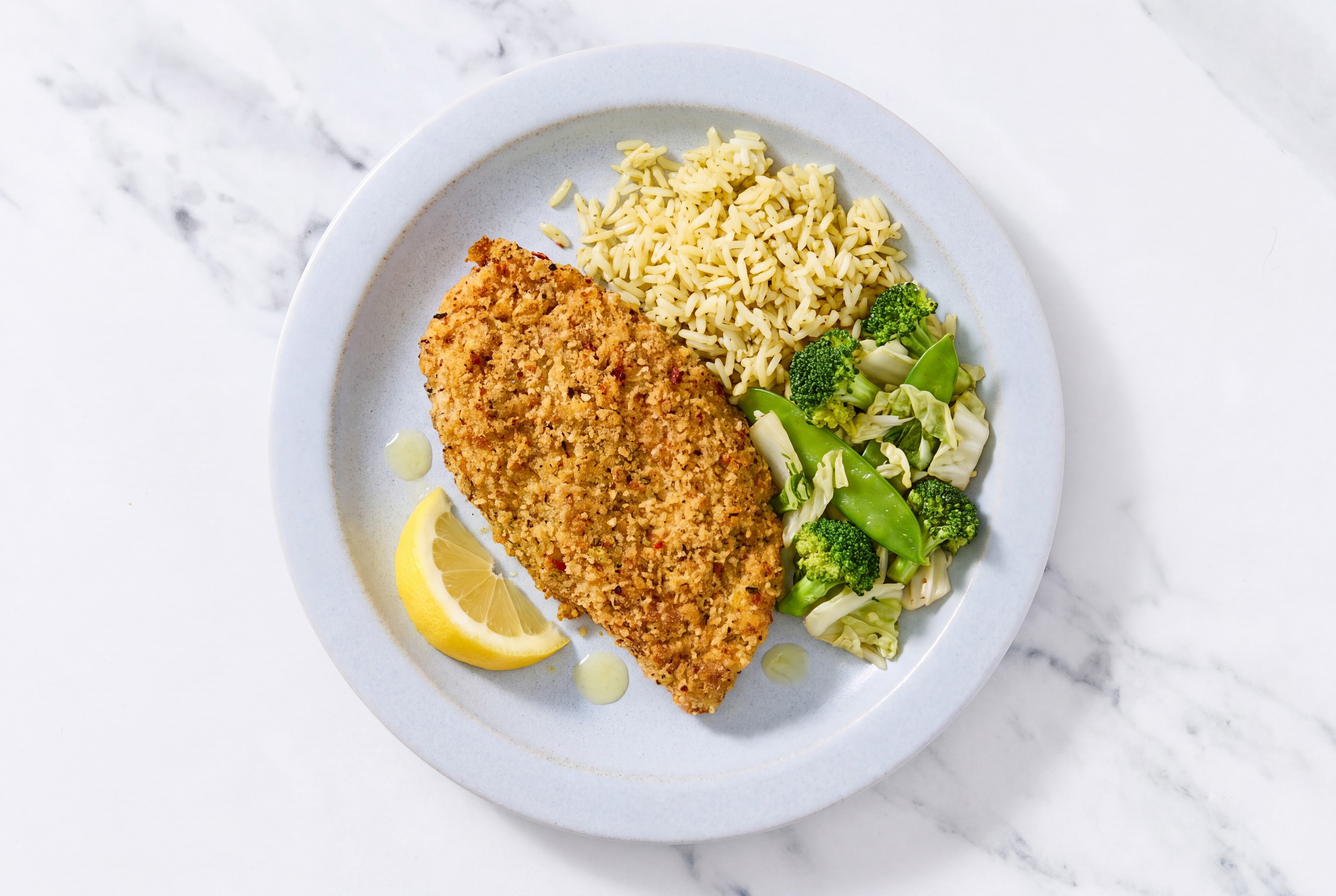 Lemon Parmesan Breaded Chicken Cutlet with Bok Choy & Jasmine Rice
