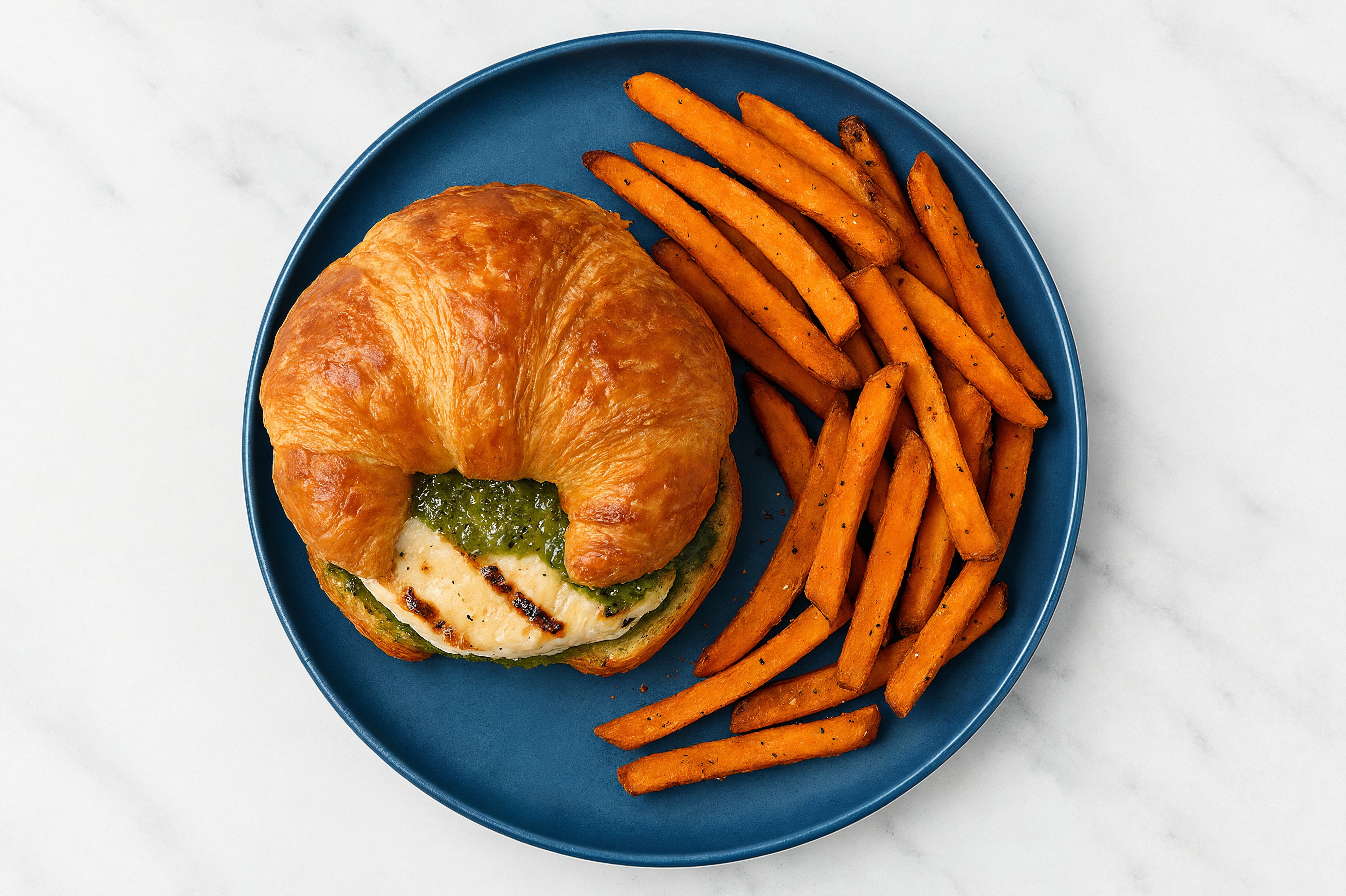 Herby Basil Pesto Seasoned Grilled Chicken Breast Sandwich with Sweet Potato Fries