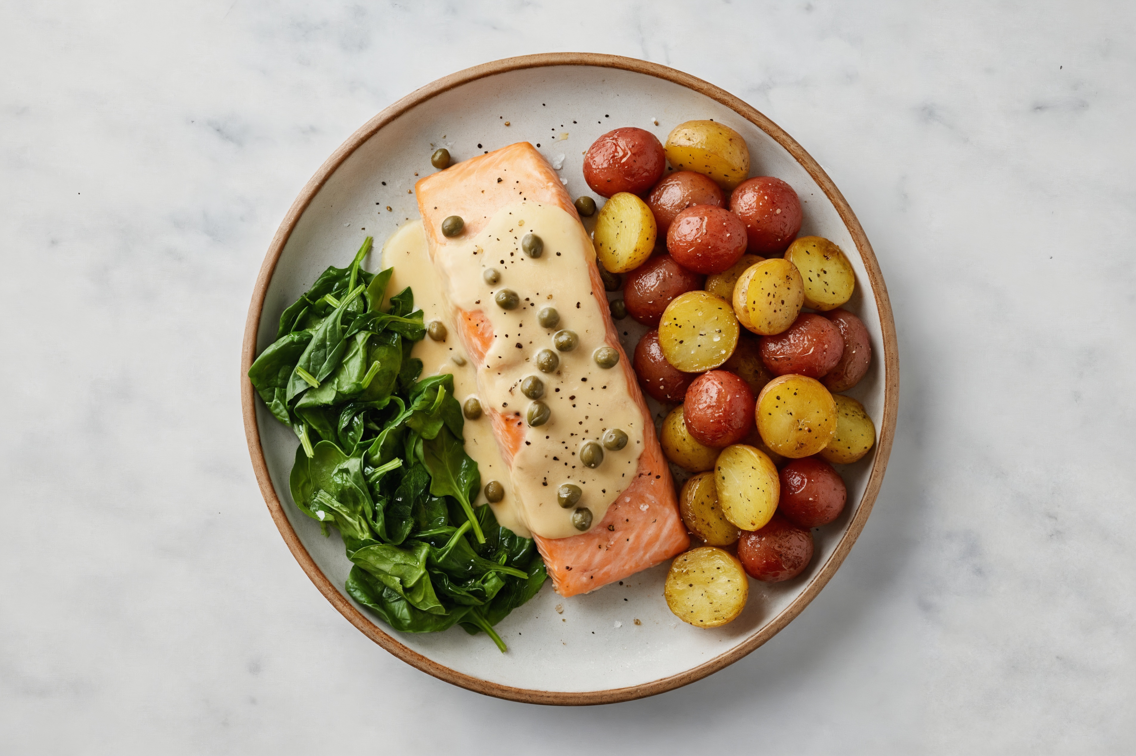 Roasted Salmon with Creamy Caper Dressing with Baby Spinach