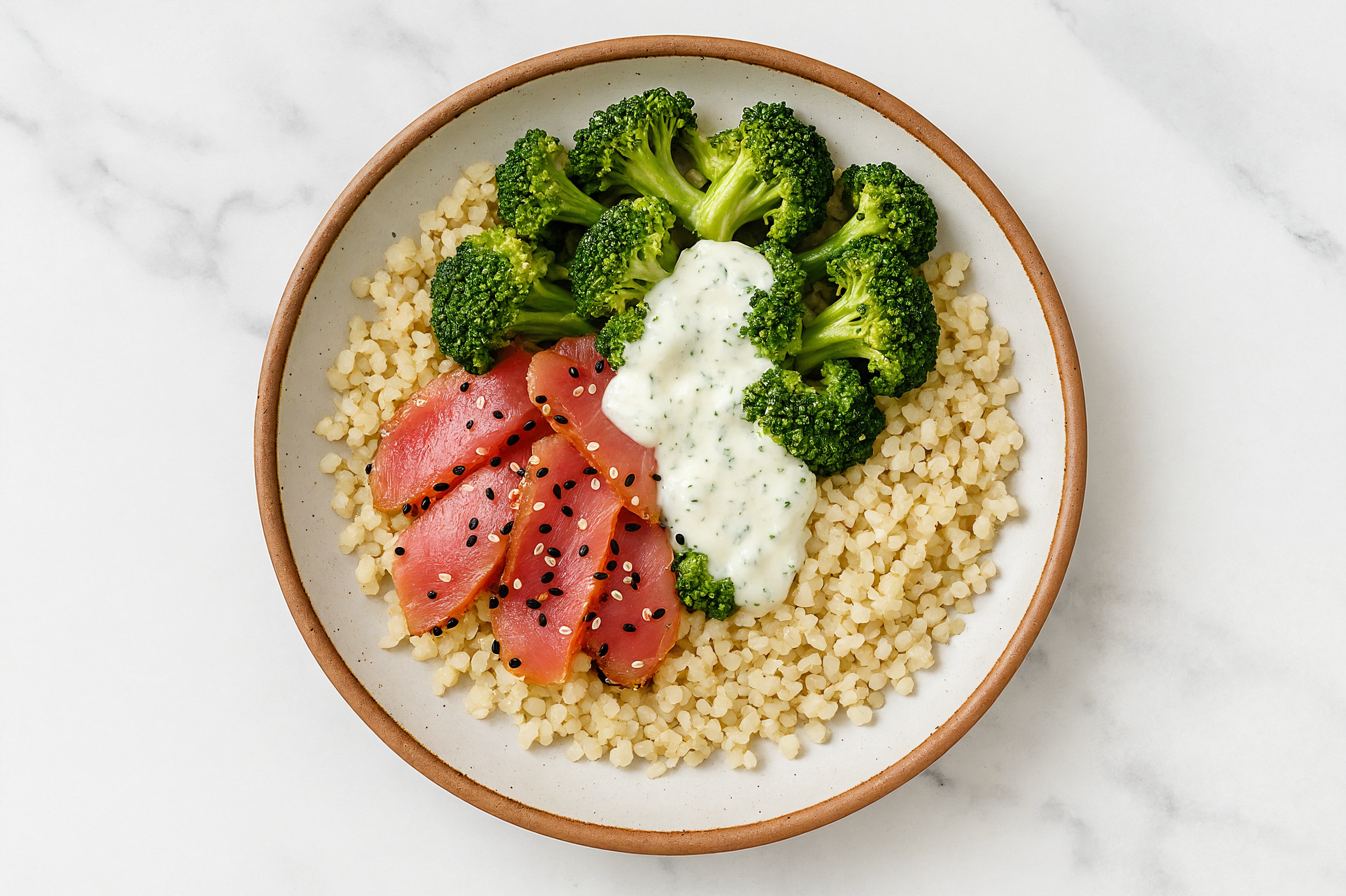Tuna Cauliflower Rice Bowl with Tzatziki & Broccoli