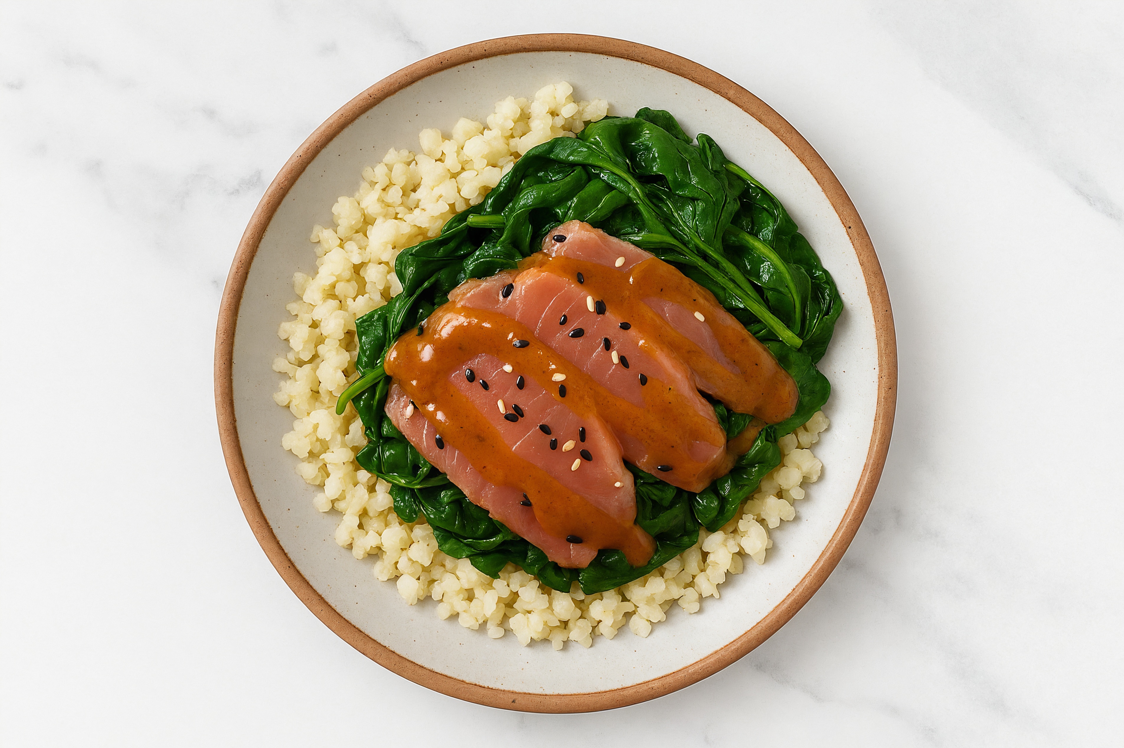 Tuna Cauliflower Rice Bowl with Sesame-Ginger & Organic Spinach