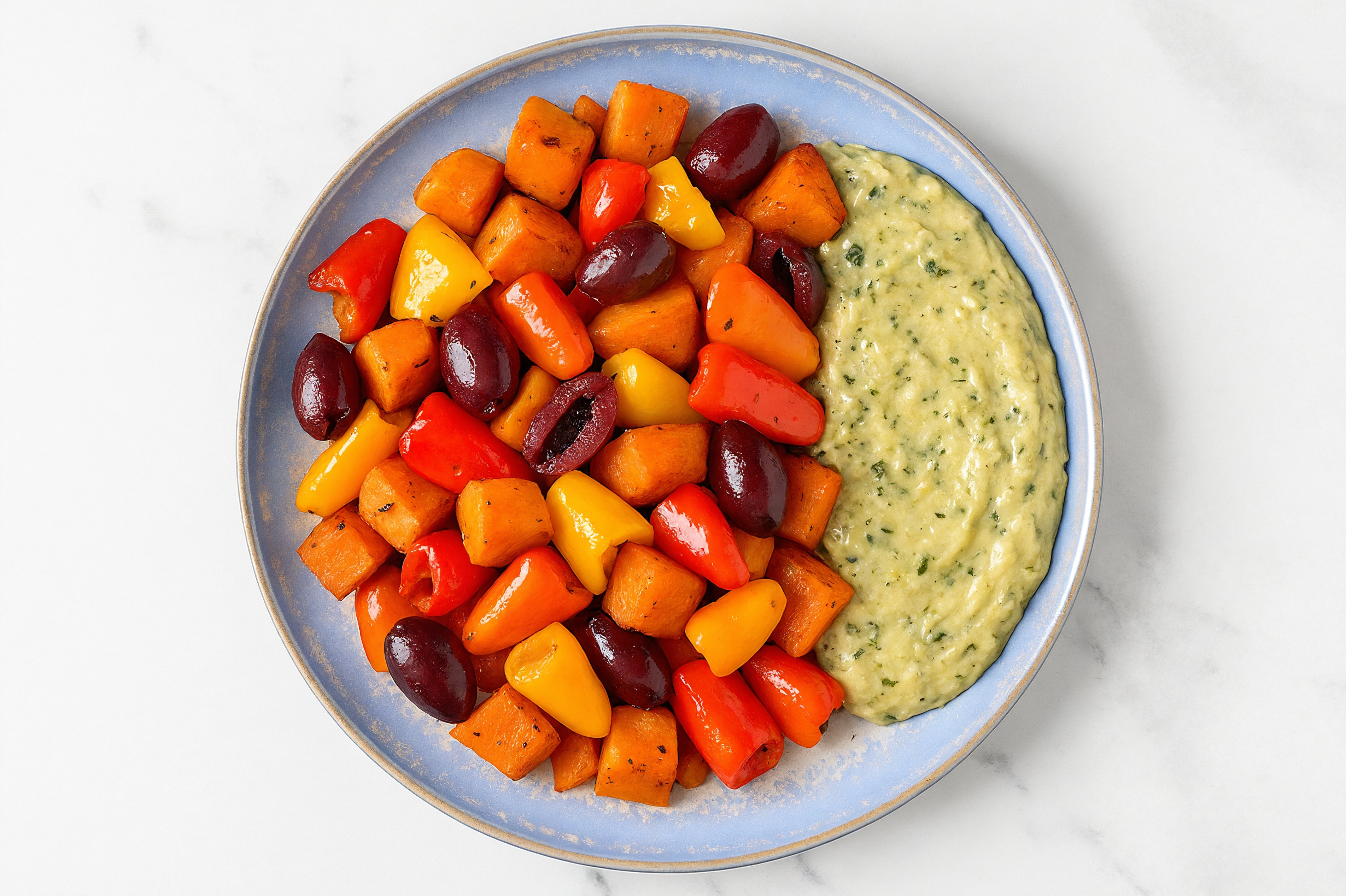 Olive Sweet Pepper Sweet Potato Bowl over Spinach Artichoke Dip