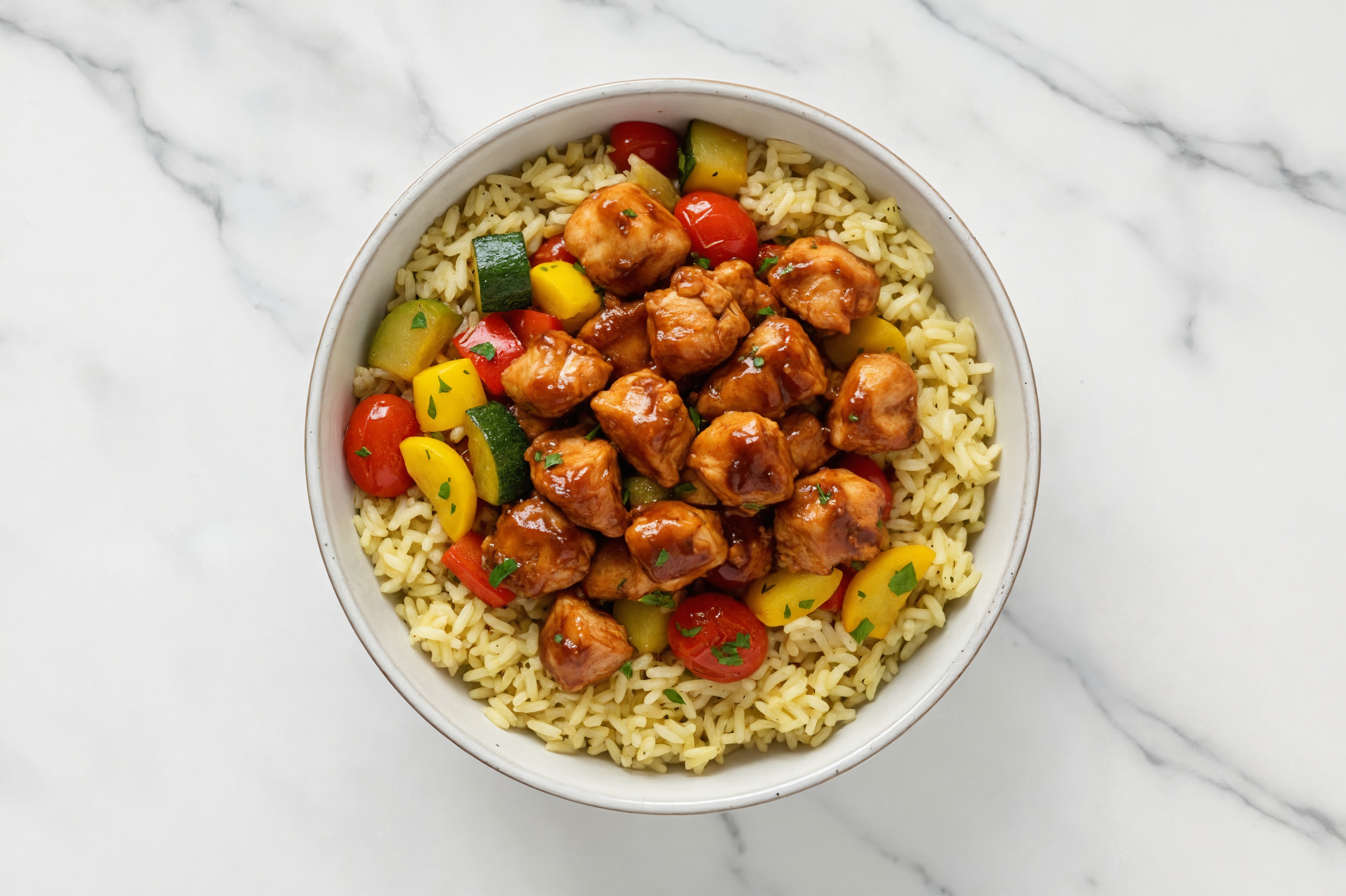 Korean Bulgogi Chicken + Summer Veg Seasoned Jasmine Rice Bowl