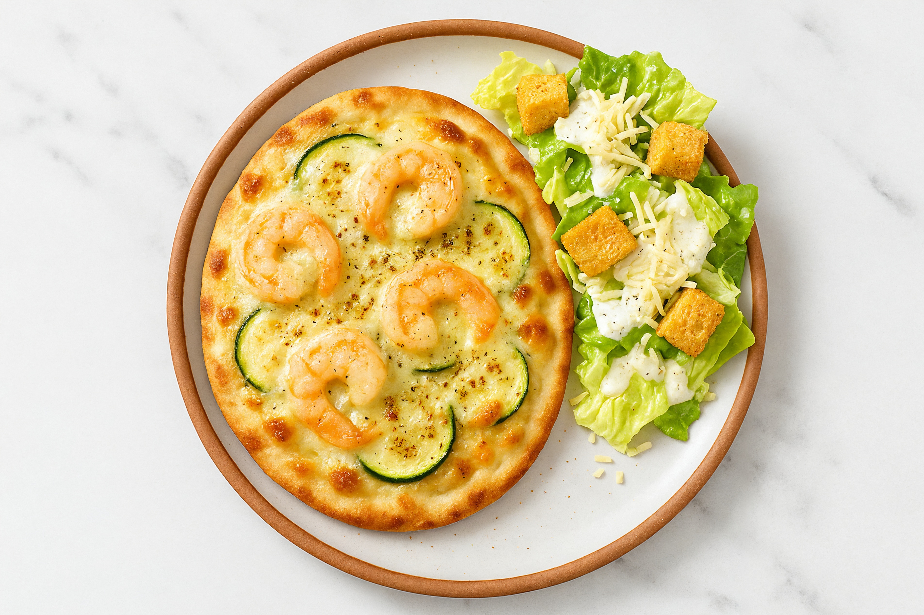 Za'atar Shrimp + Zucchini Cheesy Flatbread with Shredded Mozzarella Cheese