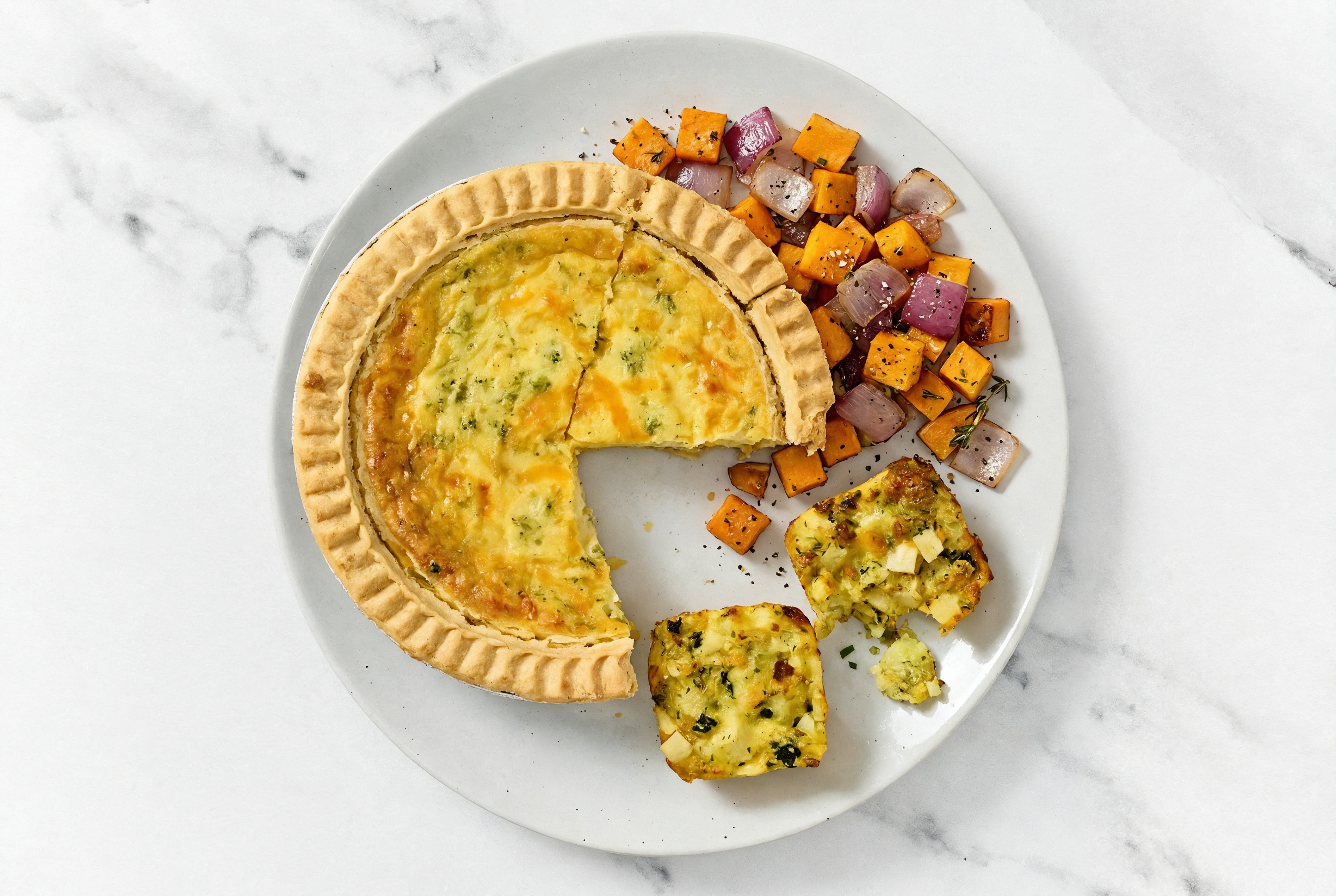 Broccoli & Cheddar Quiche with Roasting Veggies & Potato Bake