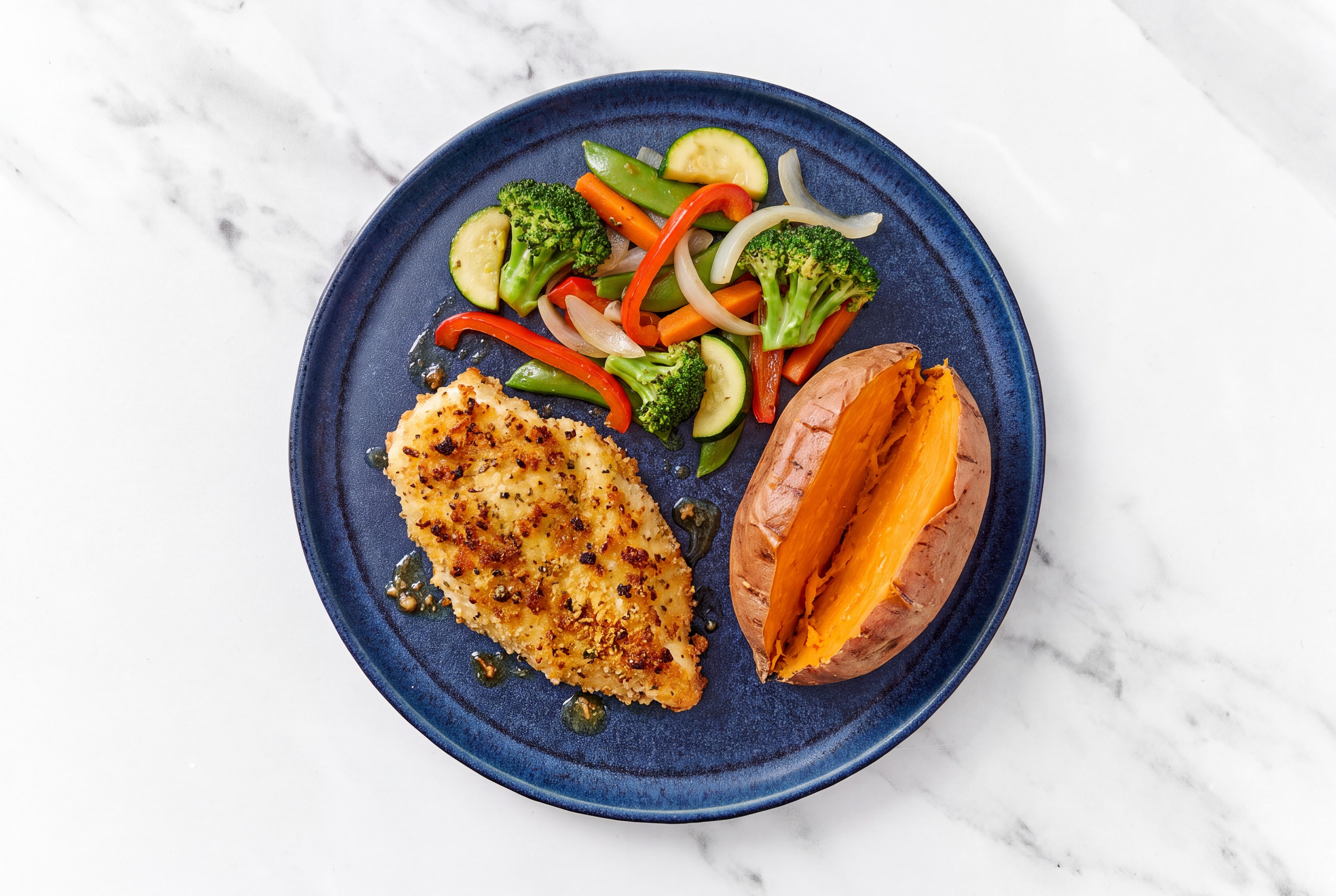 Parmesan Breaded Chicken Cutlet with Mixed Veggies & Sweet Potato