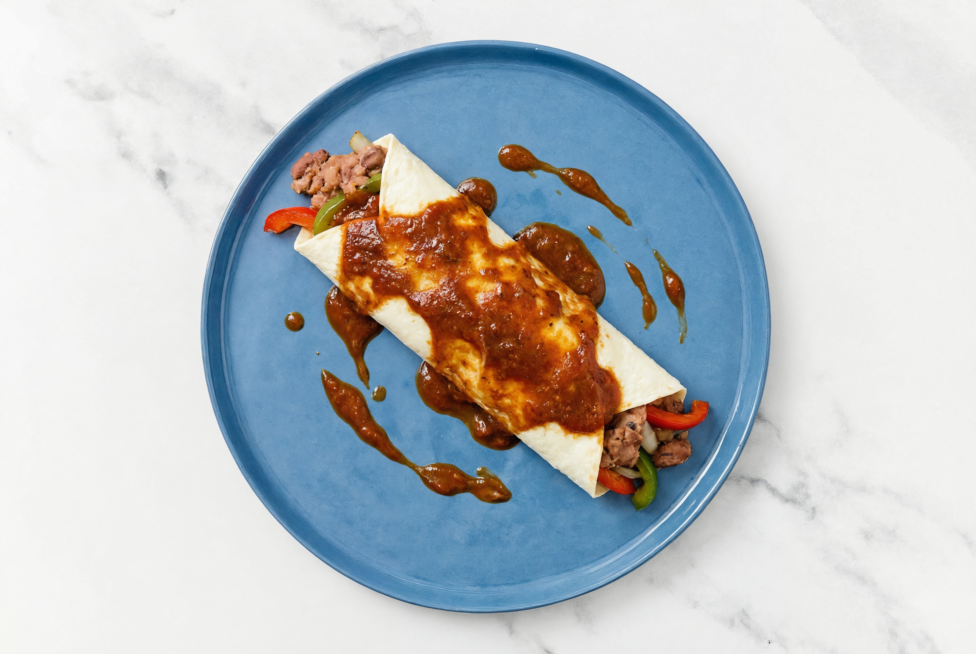 Refried Bean + Veggie Protein Enchiladas Rojas