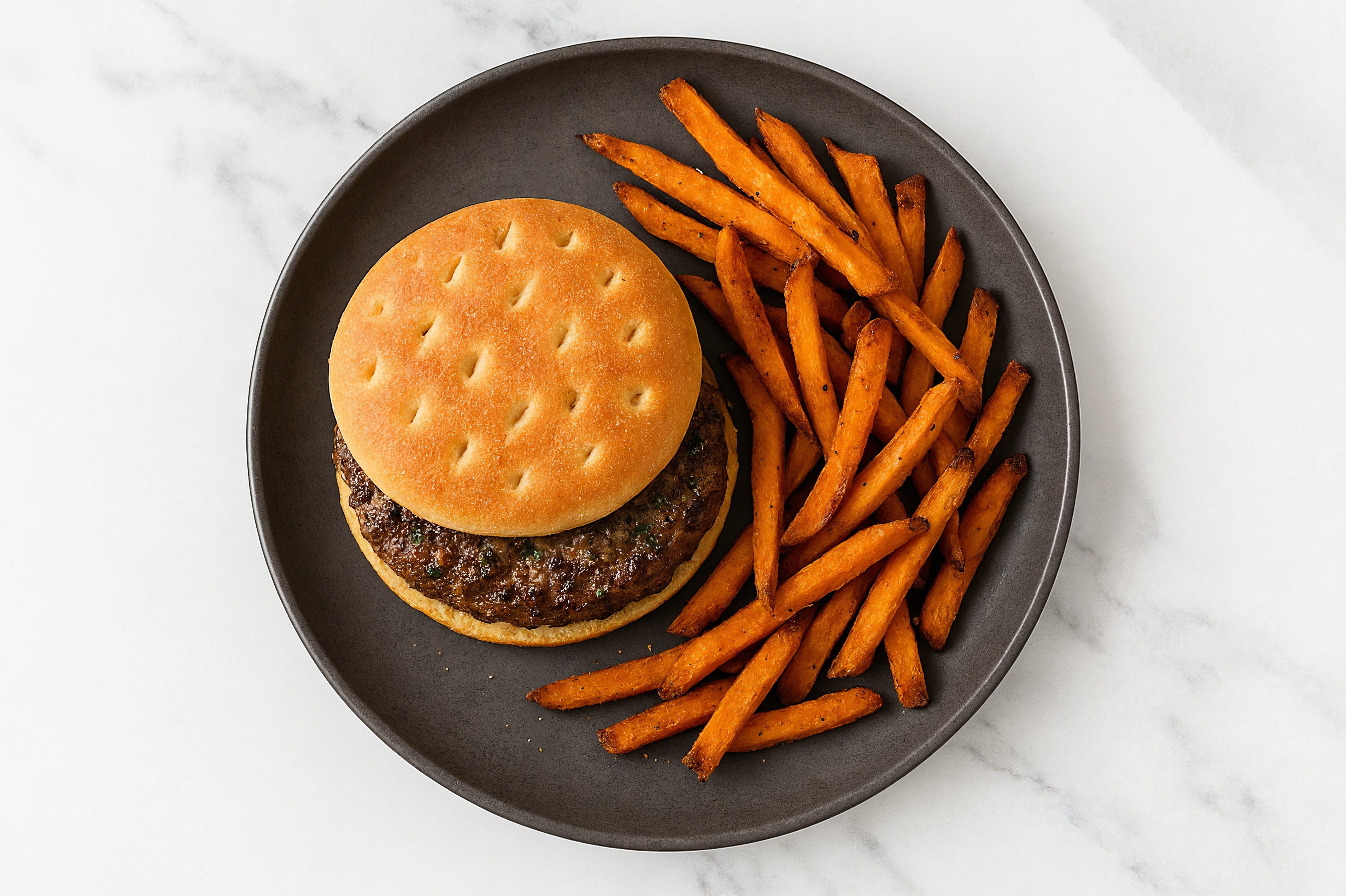 Savory Simple Grass-Fed Burger + Sweet Potato Fries with Ground Beef Patties