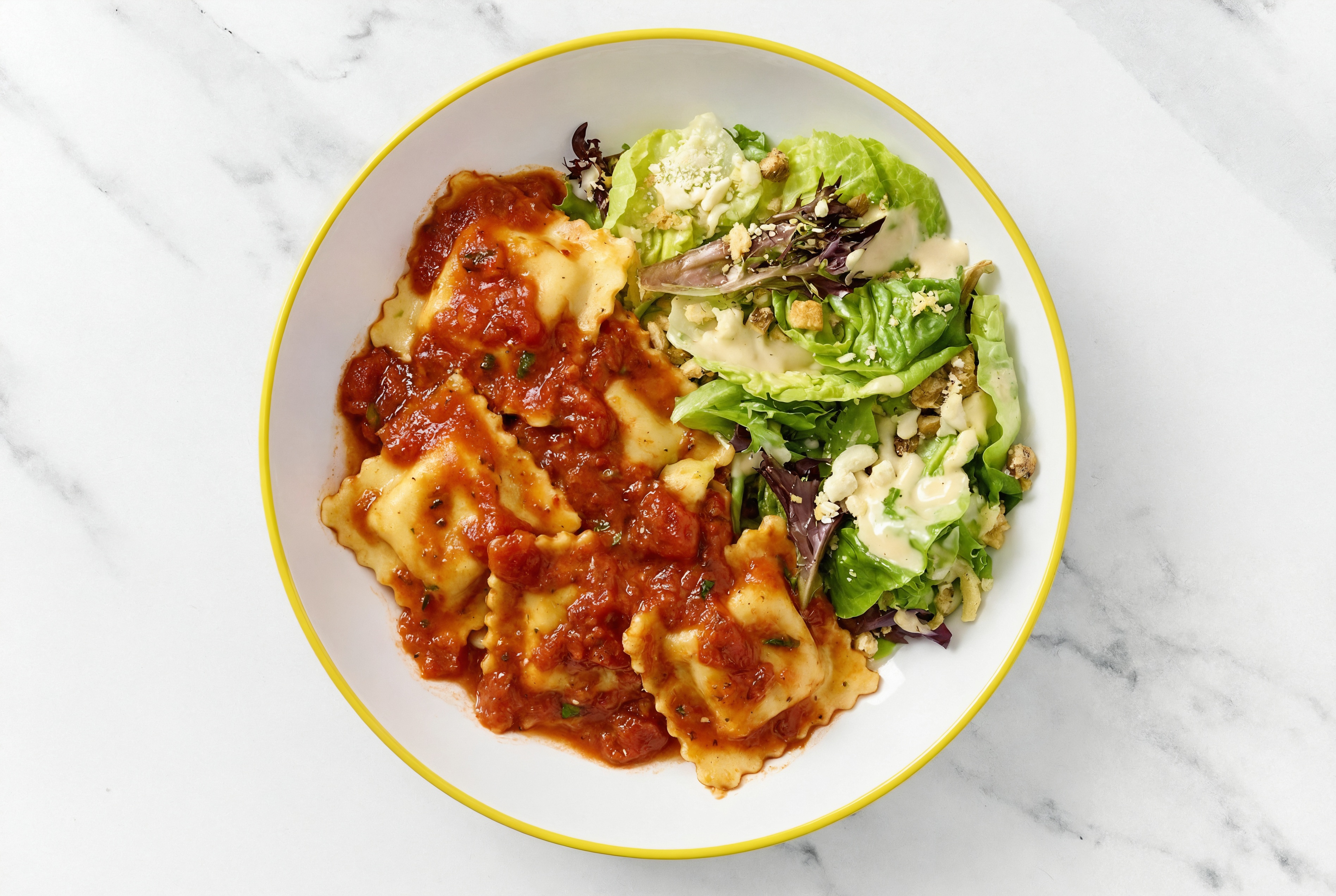 Bolognese Ravioli with Marinara + Little Gem Salad