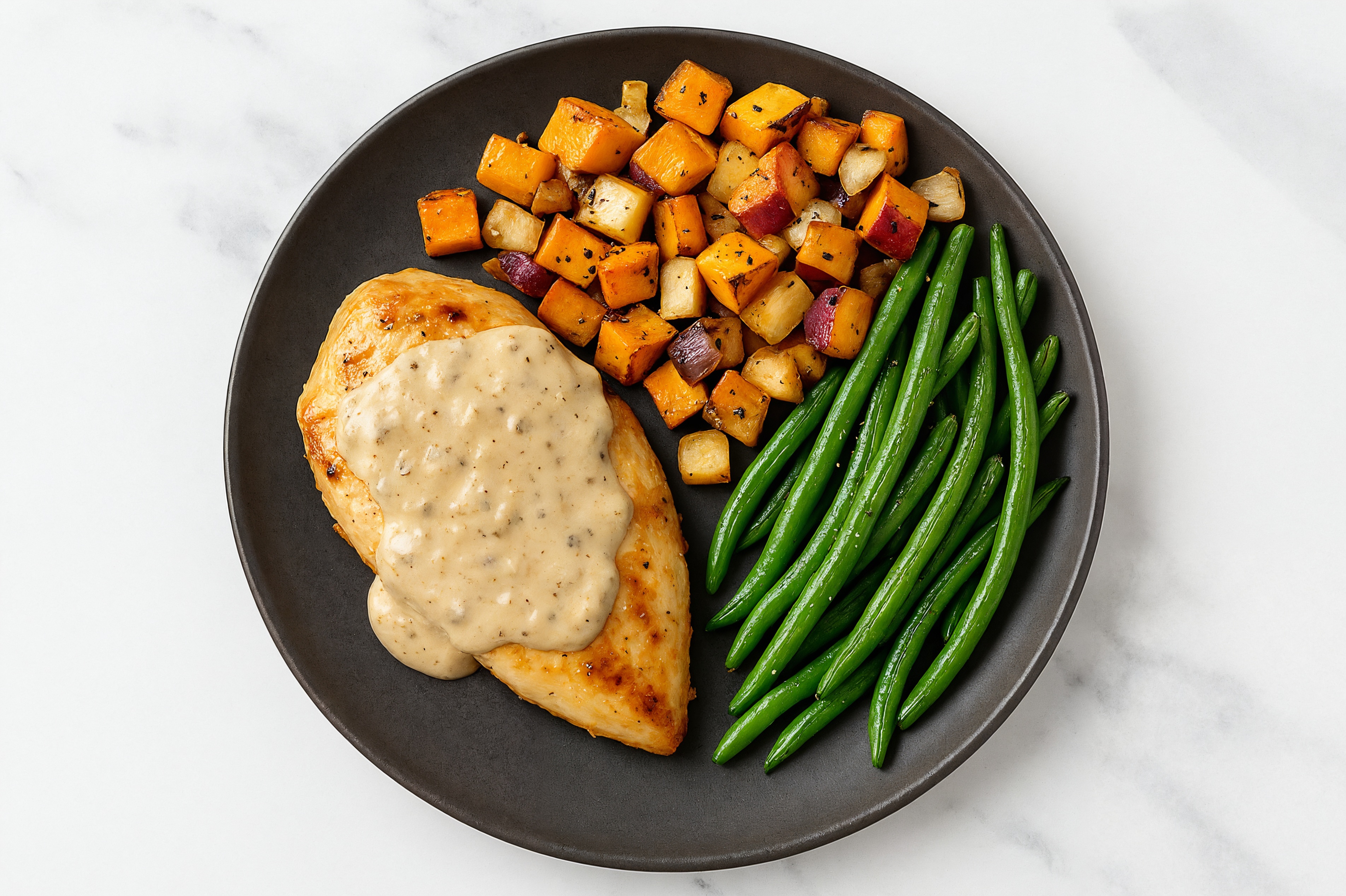 Creamy Truffle Smothered Chicken Breasts with Green Beans & Roasted Vegetables