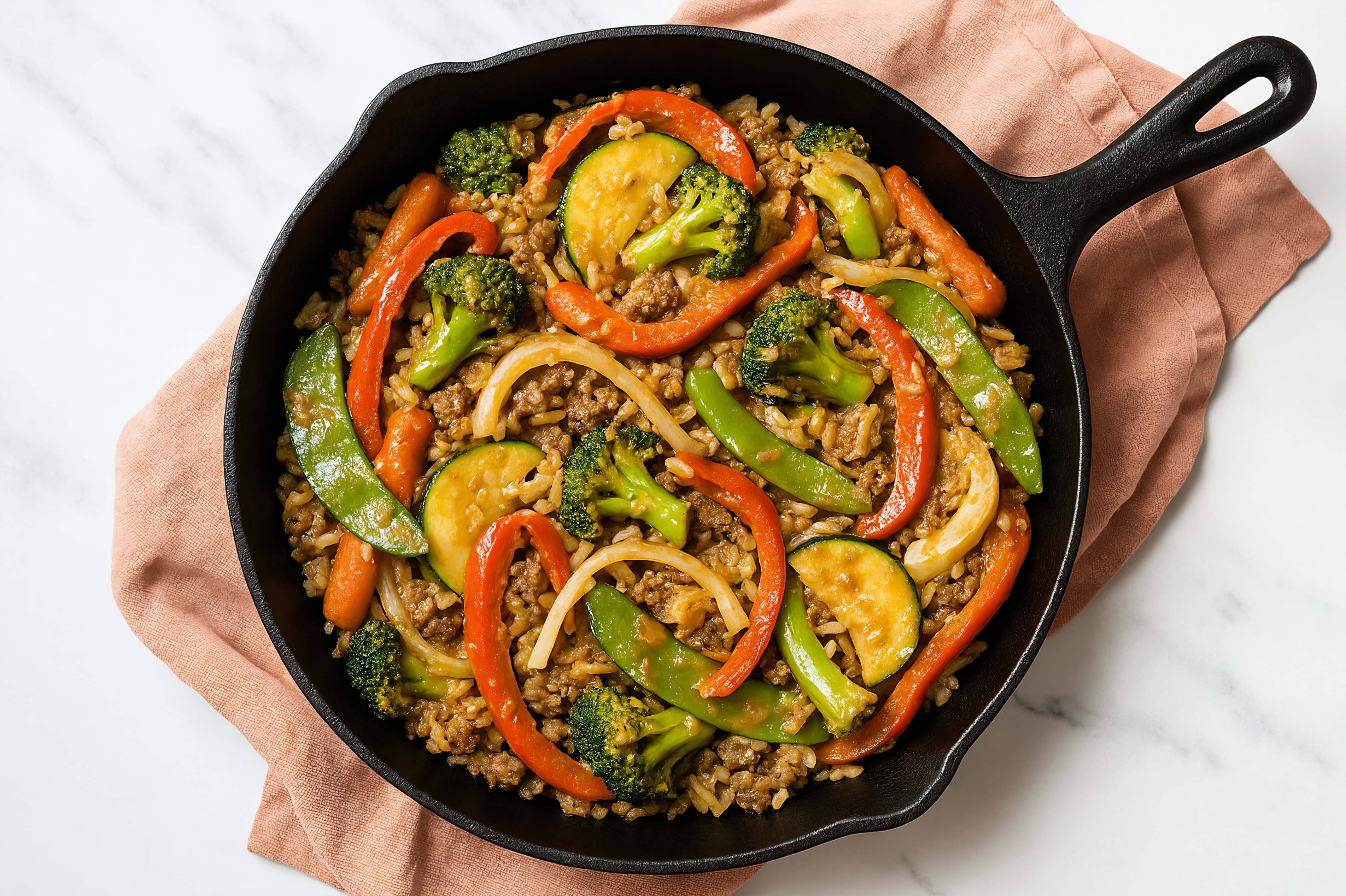 Thai Peanut Veggie + Ground Bison Stir-Fry with Seasoned Jasmine Rice