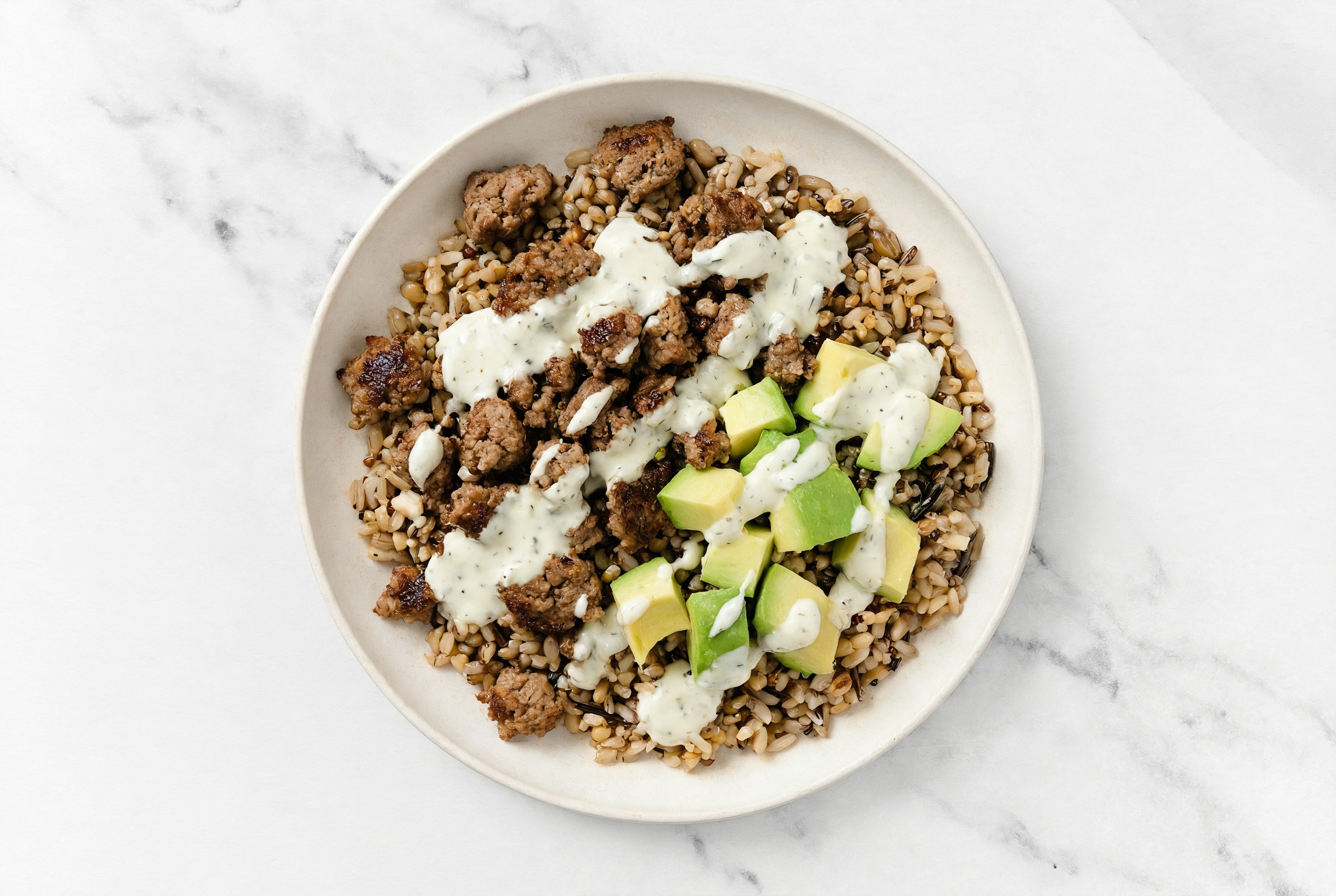 Ground Bison & Avocado Grain Bowl with Dairy-Free Tzatziki