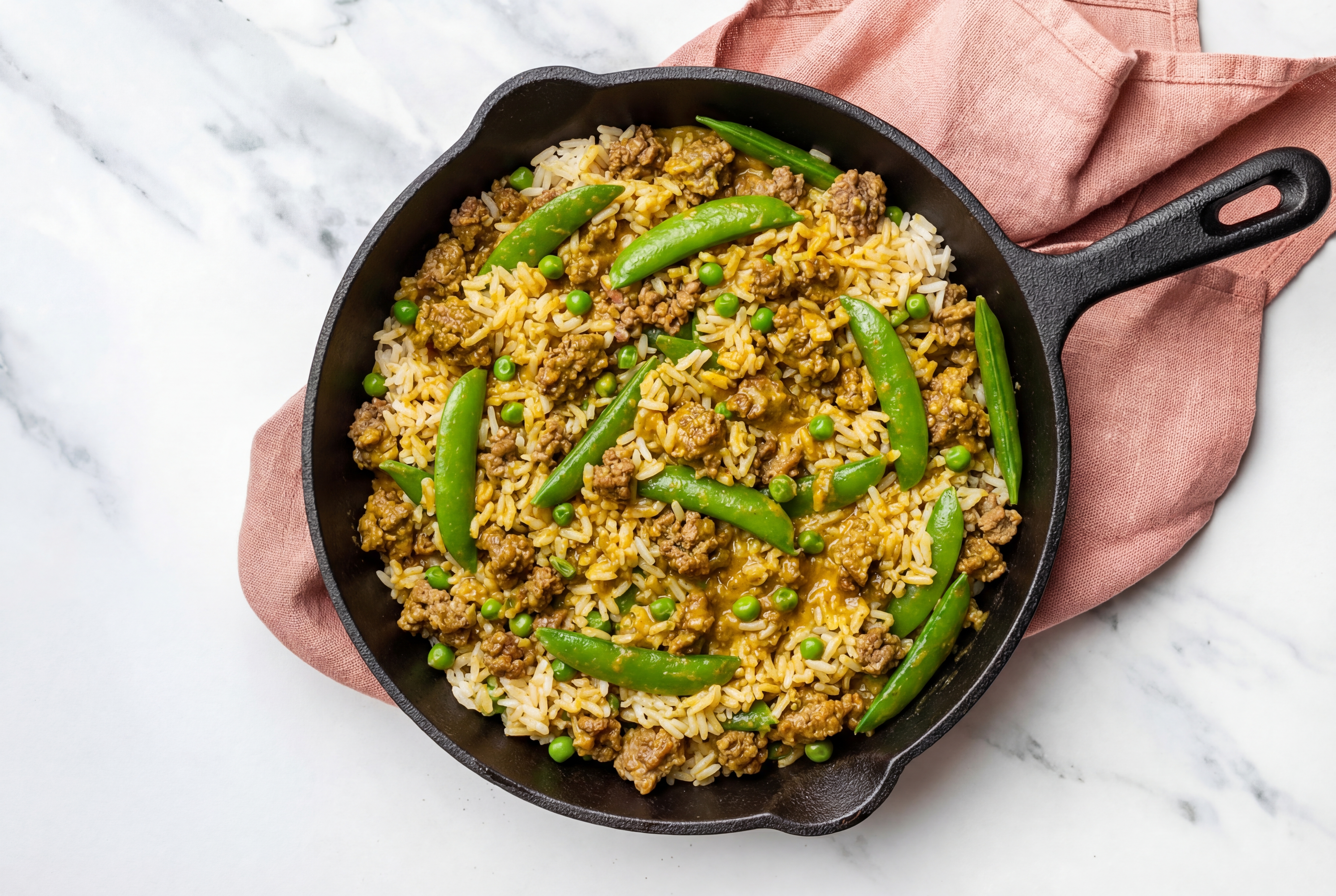Curry Pea Snap + Ground Italian-Style Beef Stir-Fry