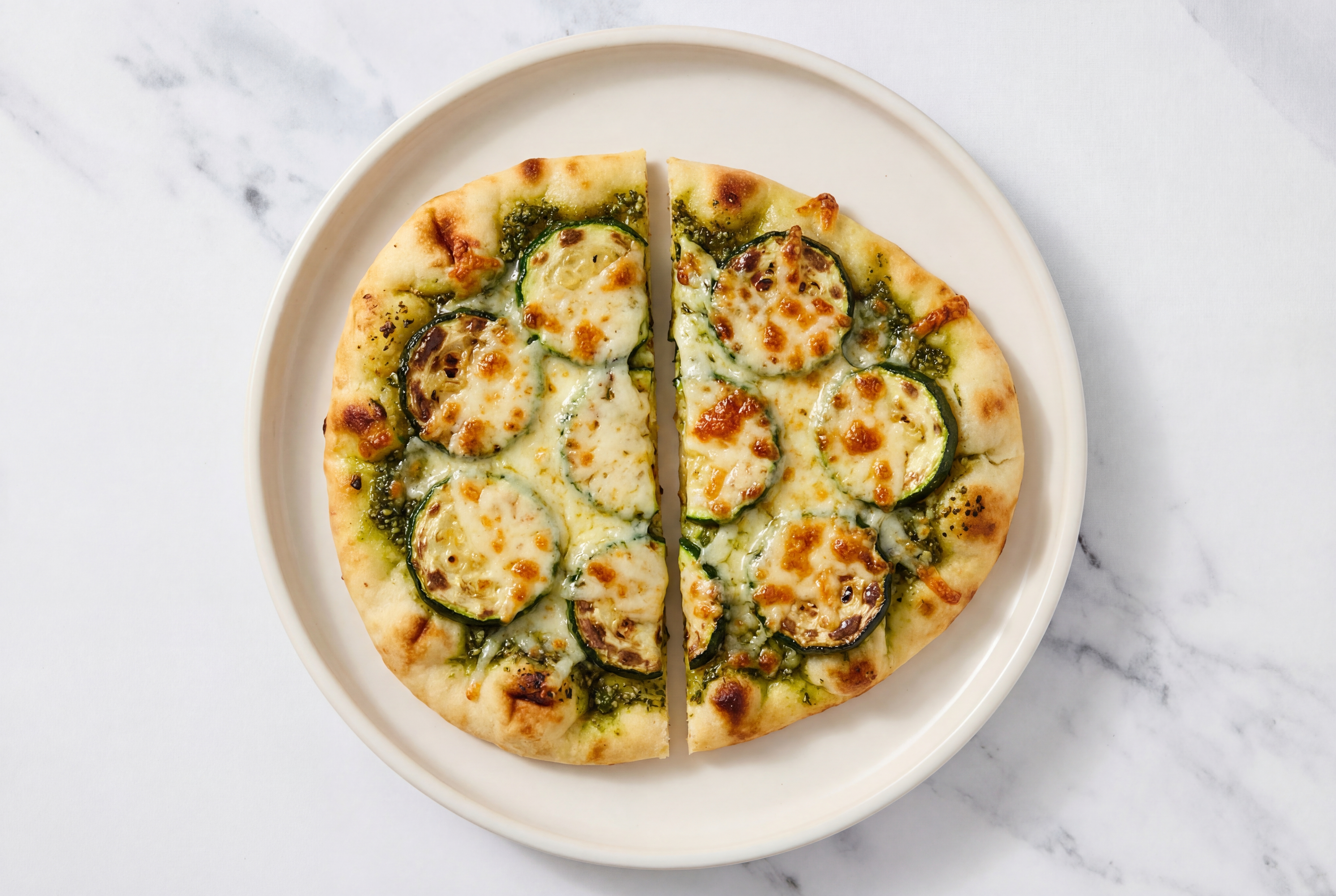 Savory Classic Pesto Zucchini Naan Pizza with Shredded Mozzarella Cheese