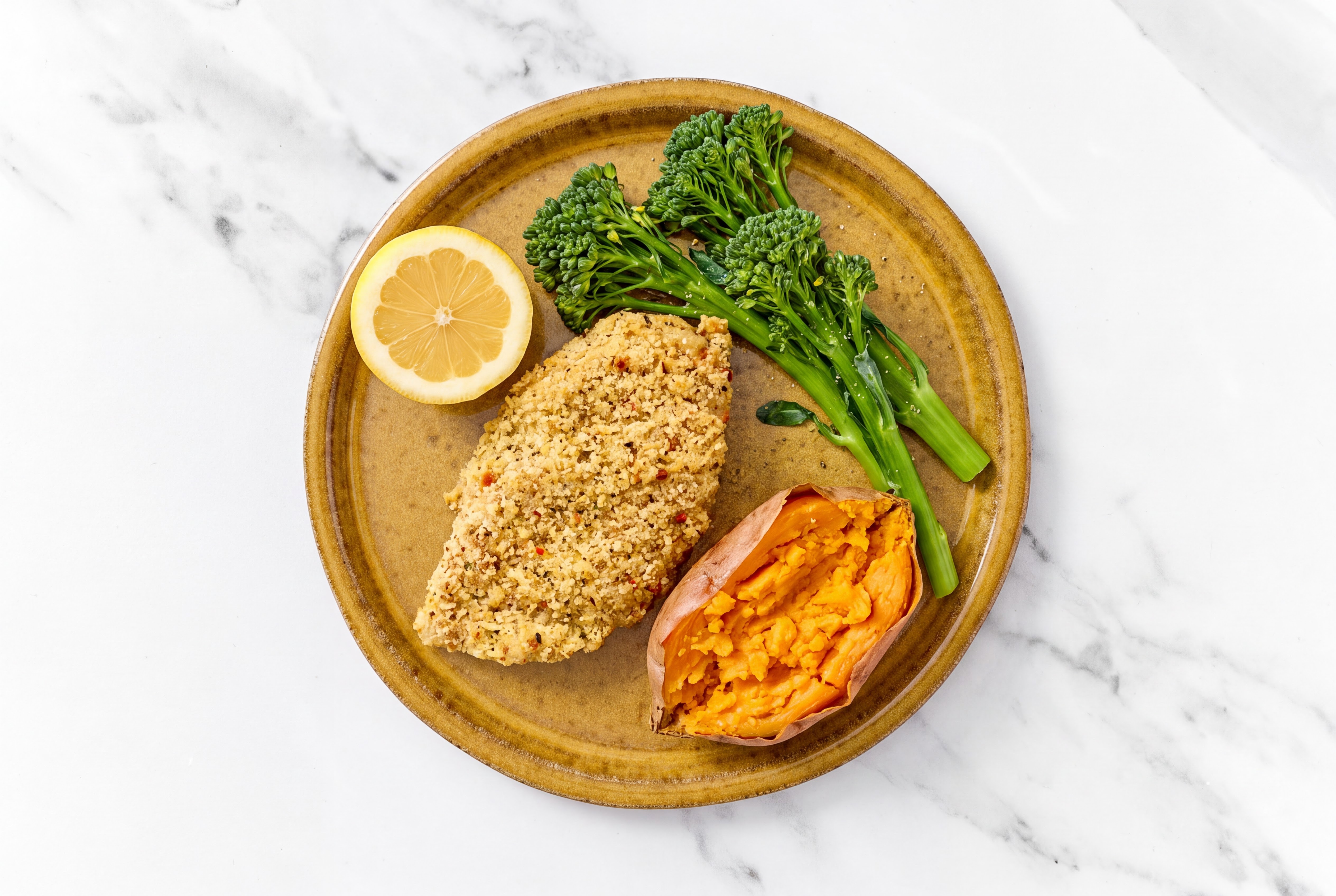 Lemon Parmesan Breaded Chicken Cutlet with Baby Broccoli & Sweet Potato