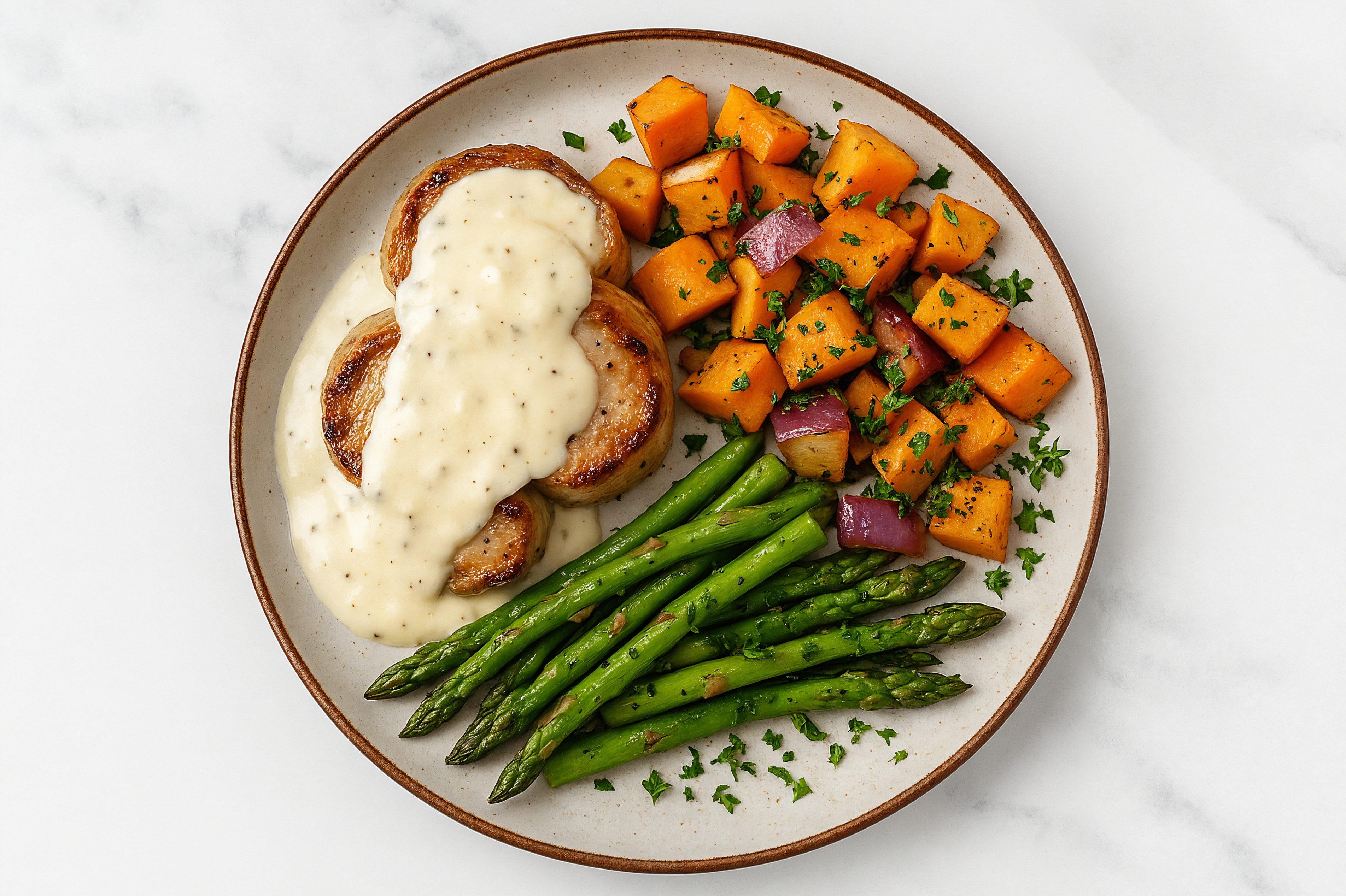 Creamy Parmesan Smothered Pork Tenderloin with Asparagus & Roasted Vegetables