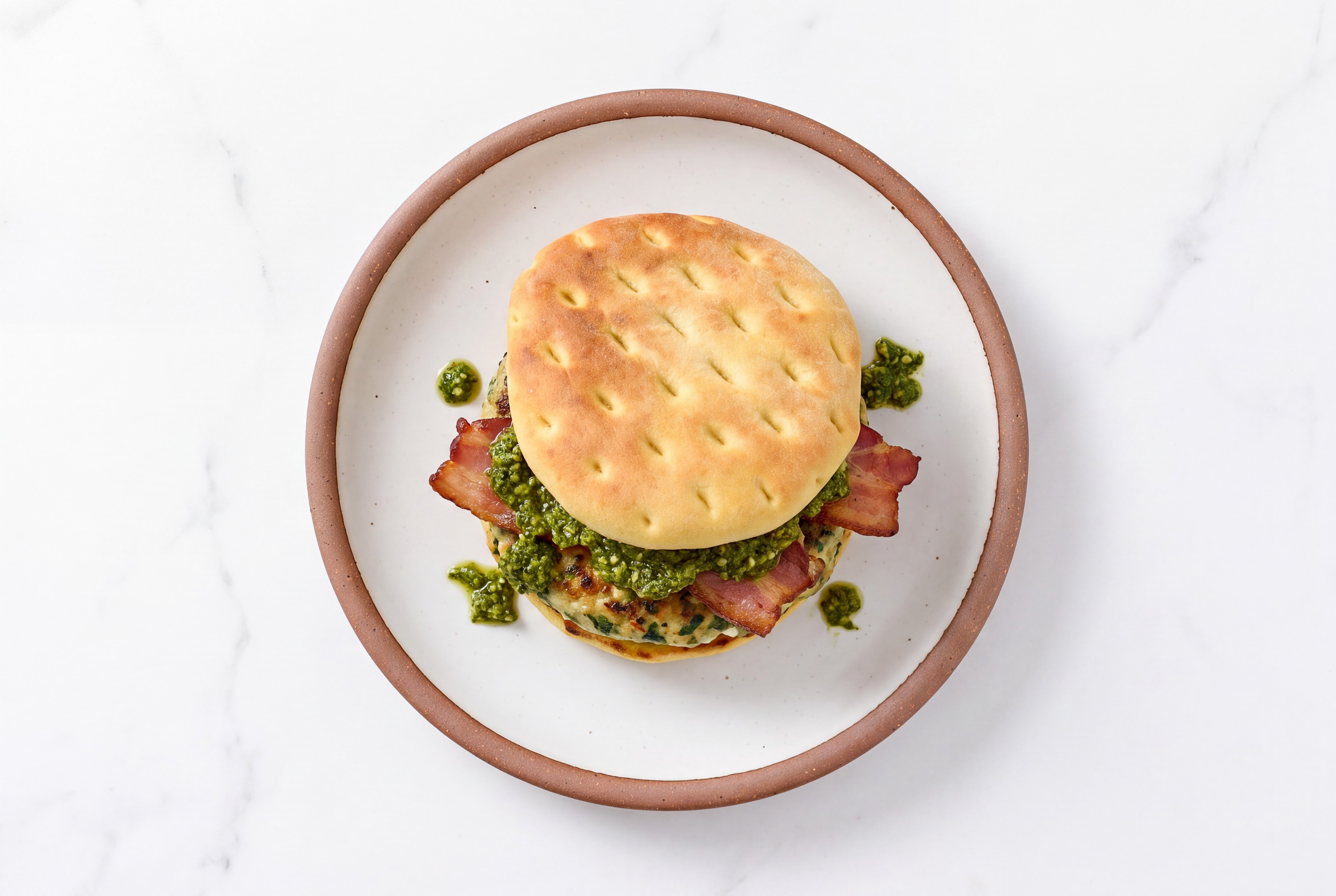 Garlic Turkey Burger on Brioche Thin Buns with Spinach Pesto & Smoked Bacon