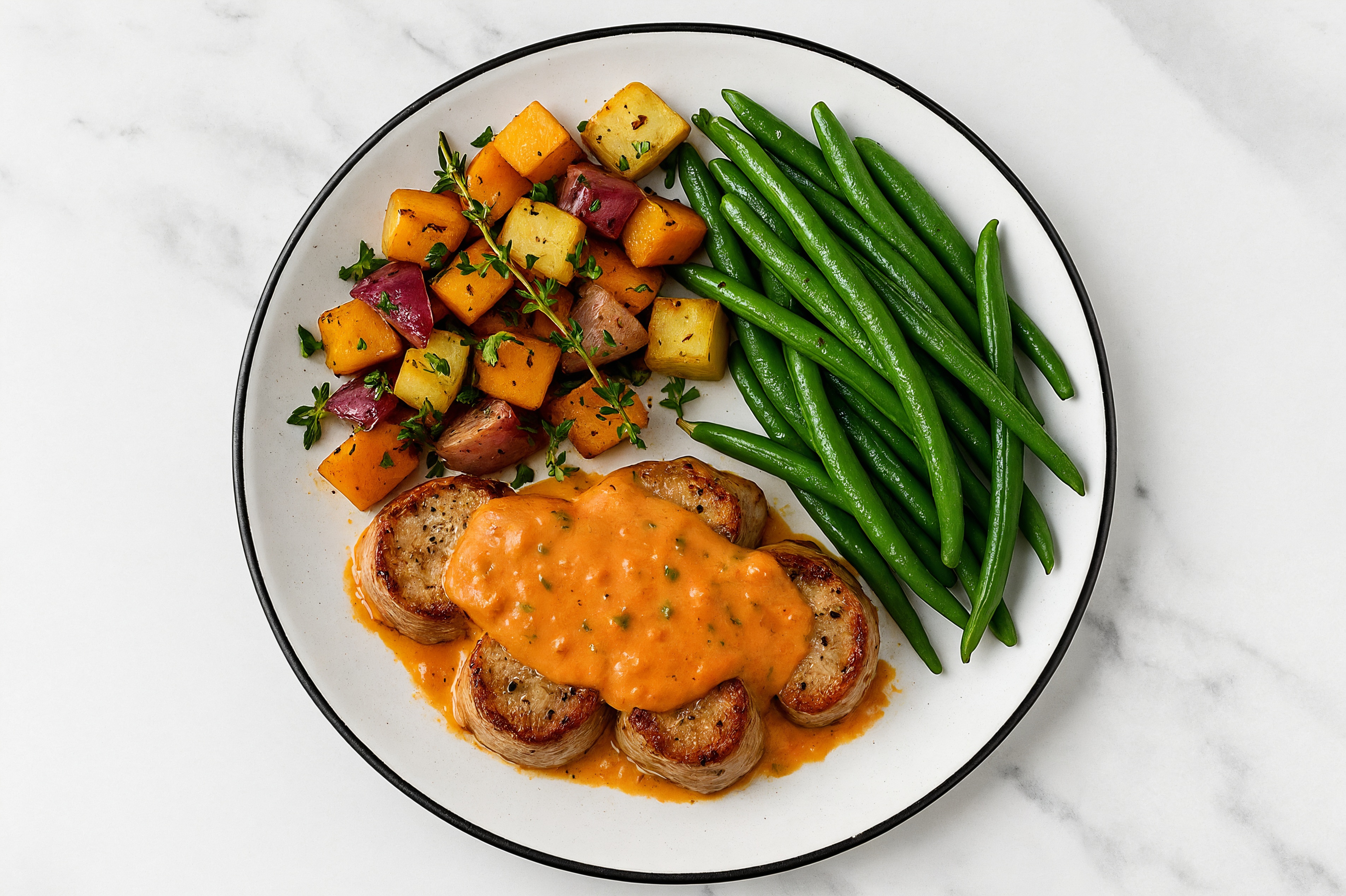 Creamy Vodka Smothered Pork Tenderloin with Green Beans & Roasted Vegetables