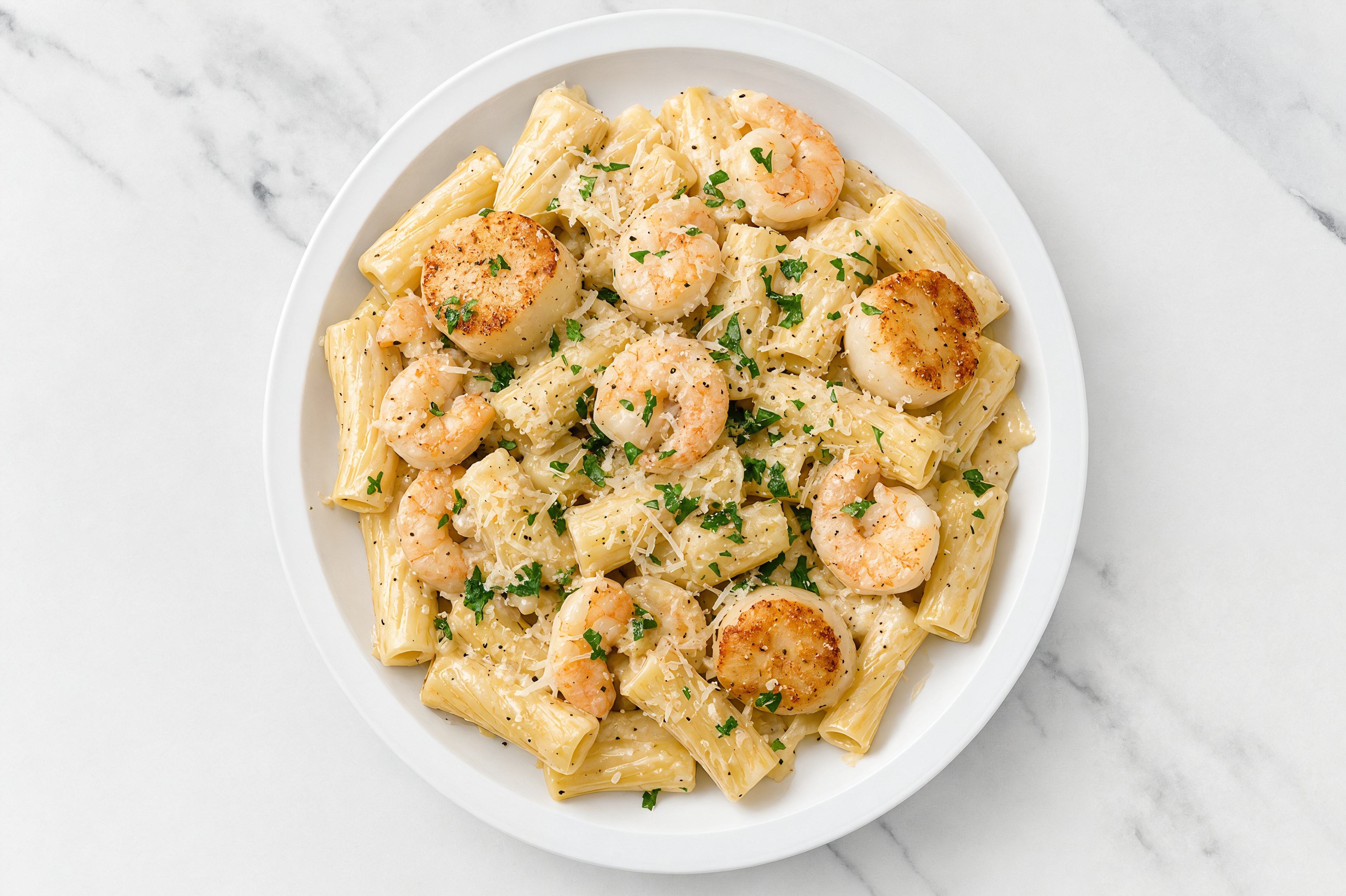 Shrimp + Scallop Rigatoni Pasta Alfredo