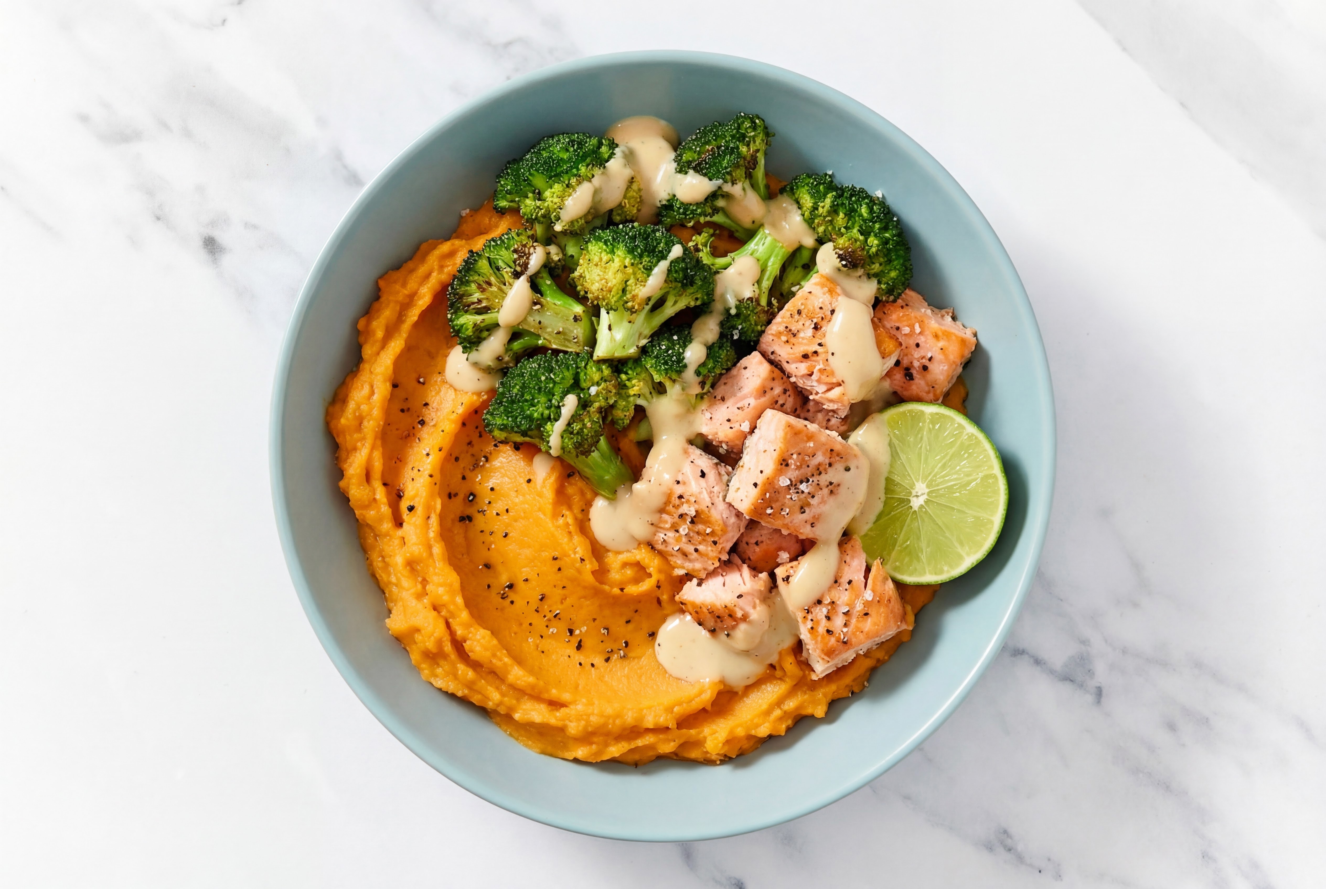 Miso Salmon Sweet Potato Bowl with Broccoli Bunches