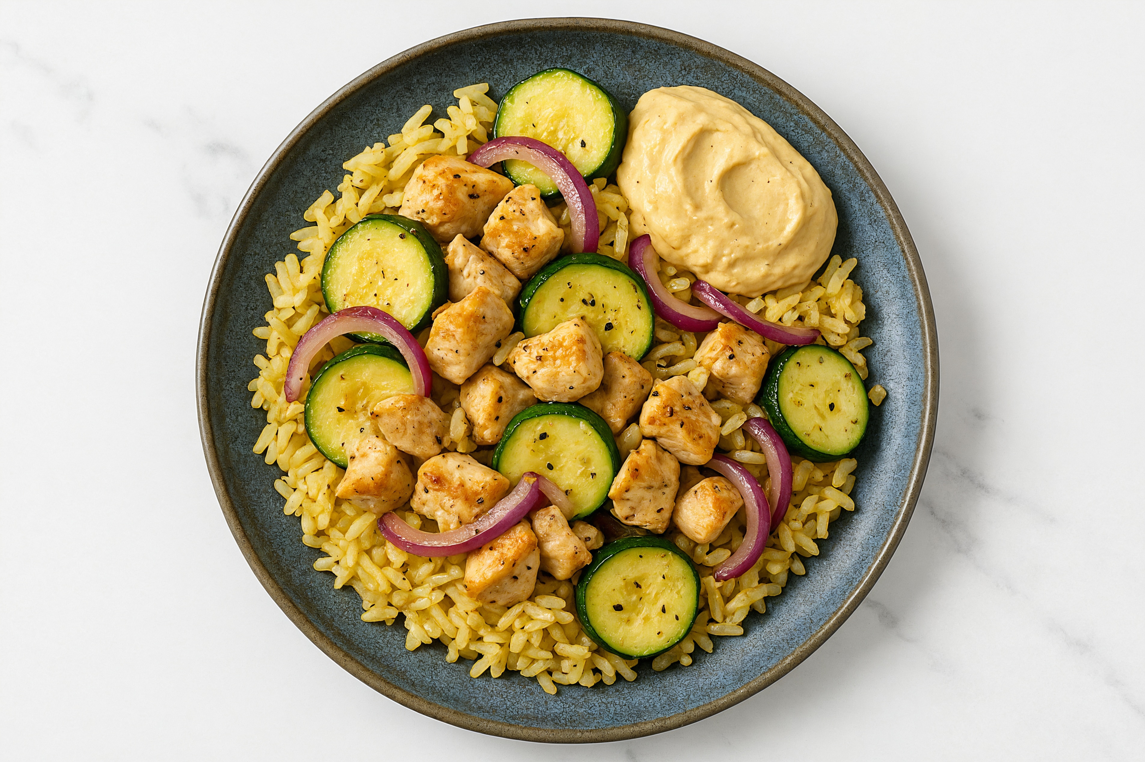 Mediterranean Chicken Thighs + Sautéed Veggies with French Onion Hummus