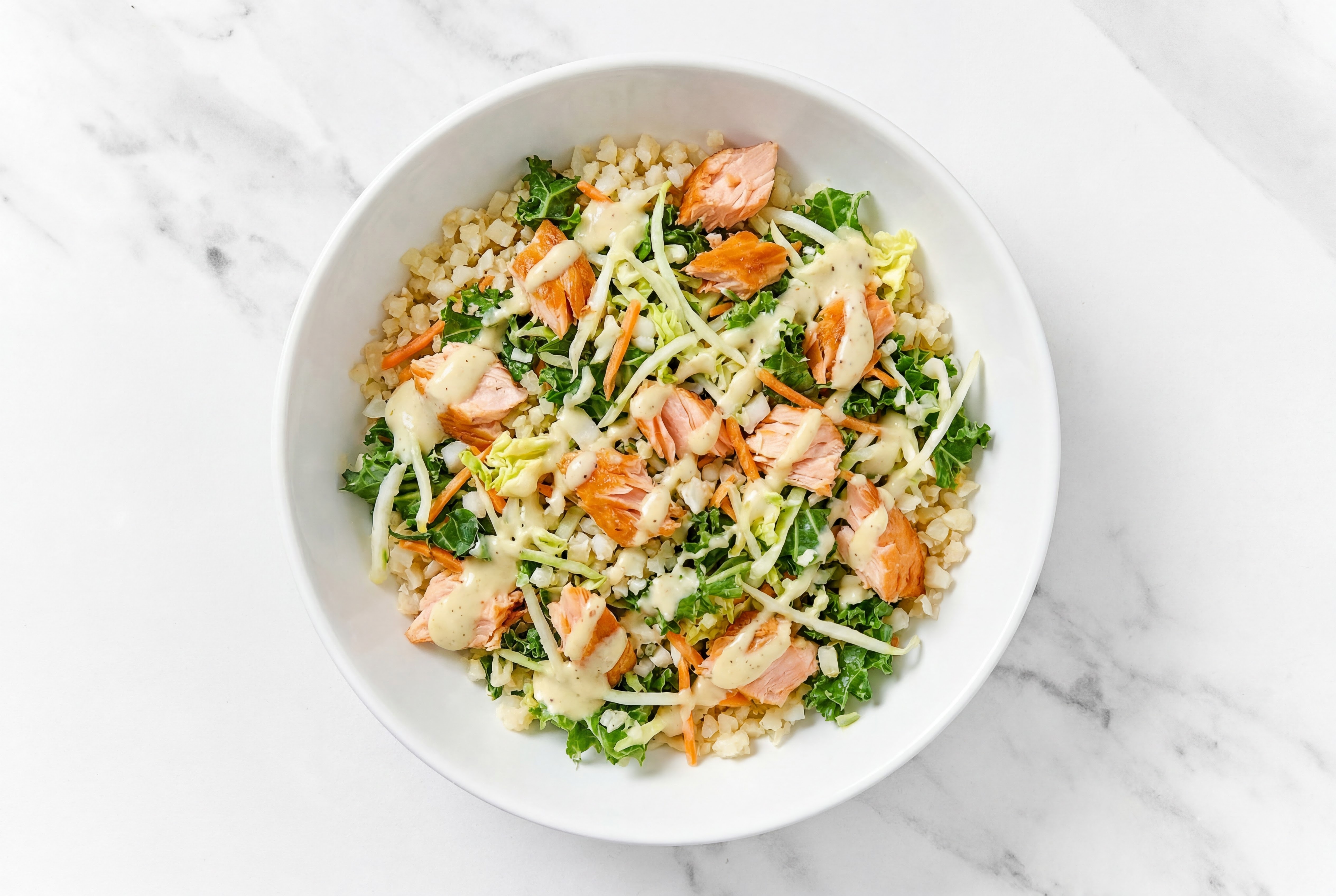 Roasted Salmon + Crunchy Veggie Rice Bowl with Riced Cauliflower