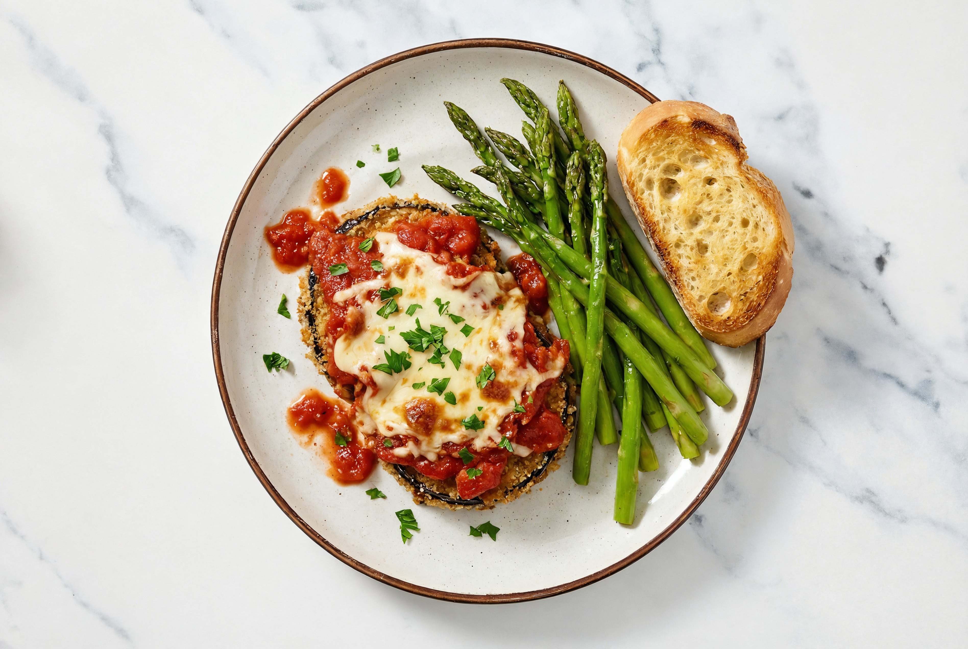 Eggplant Parmesan with Asparagus + Baguette