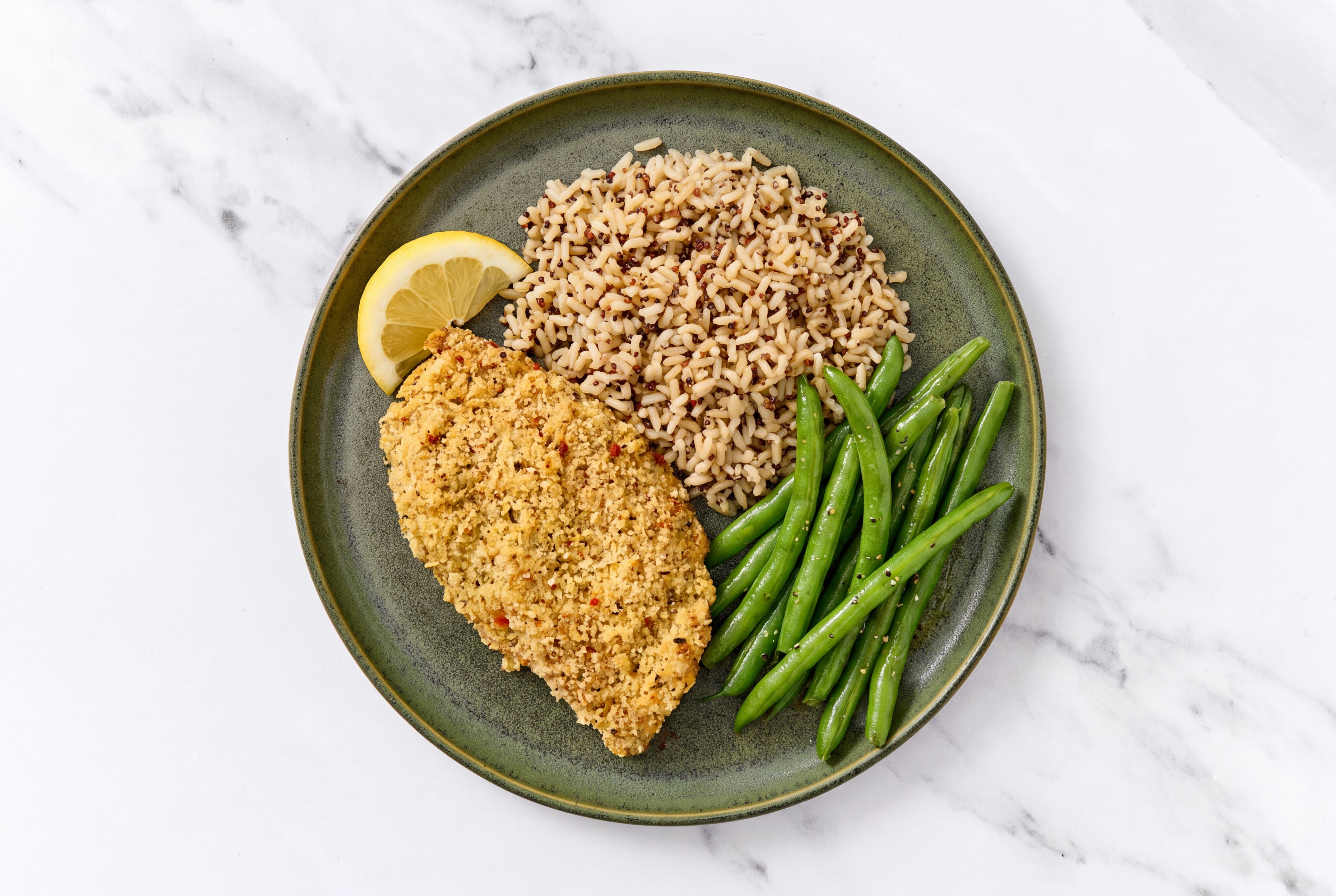 Lemon Parmesan Breaded Chicken Cutlet with Green Beans & Brown Rice