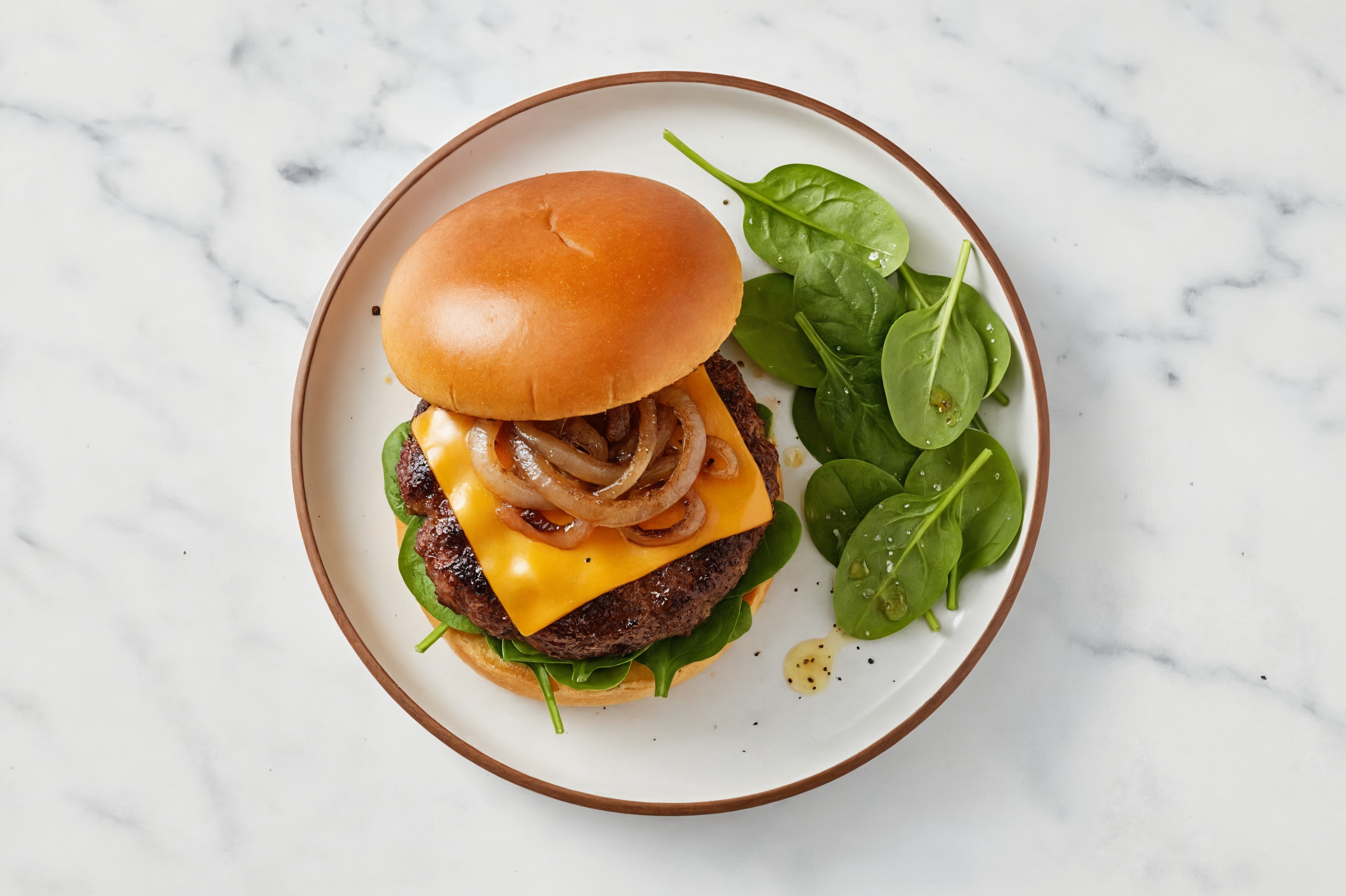 Caramelized Onion Brisket Cheeseburger with Baby Spinach